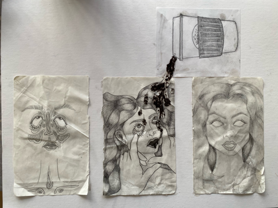 Three drawings of faces and a drawing of a coffee spilling on them.