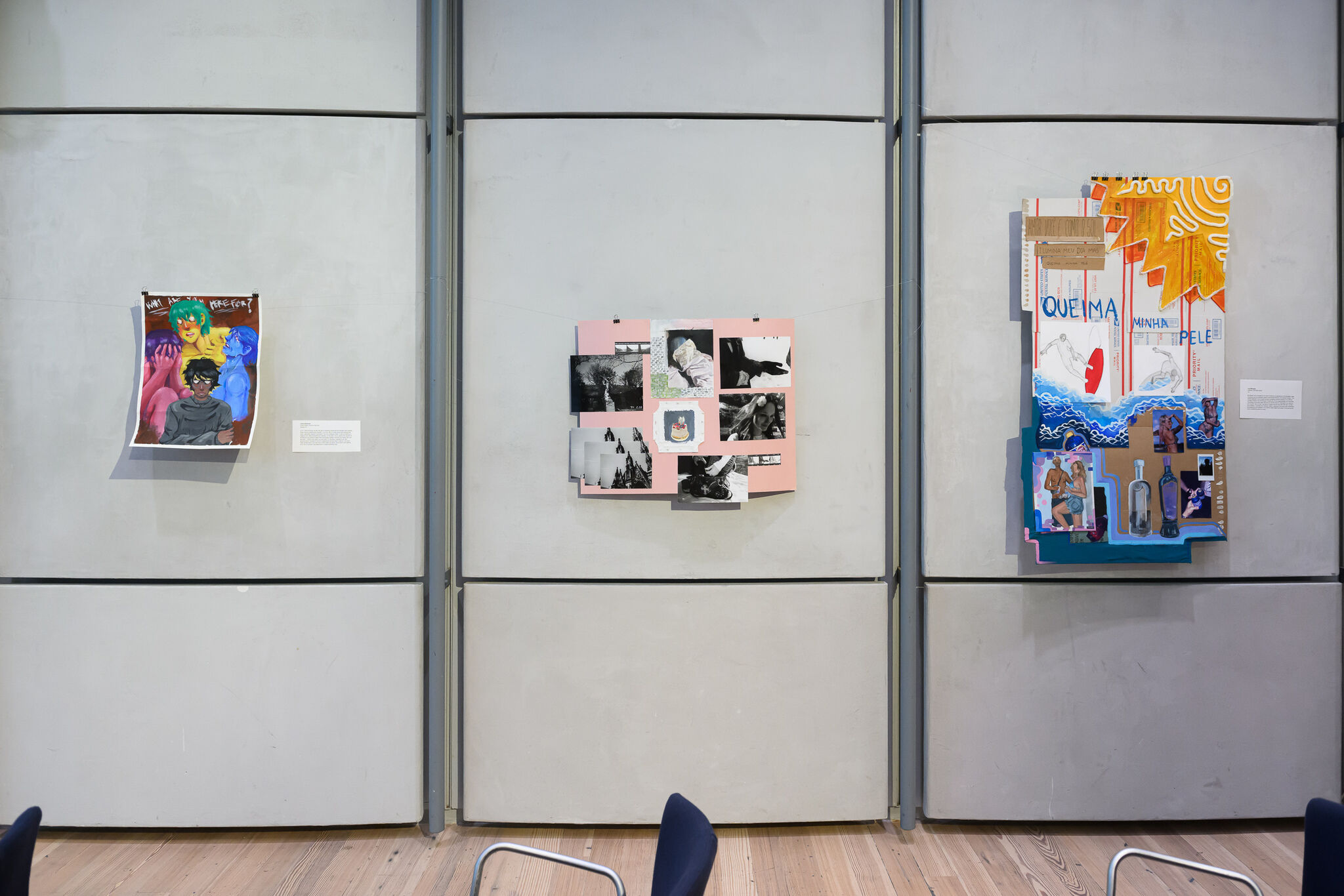Three artworks on a grey gallery wall.