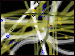 Yellowish green and white lines curl and intersect across the screenshot over a black background, with blue circles on top of some of the lines.