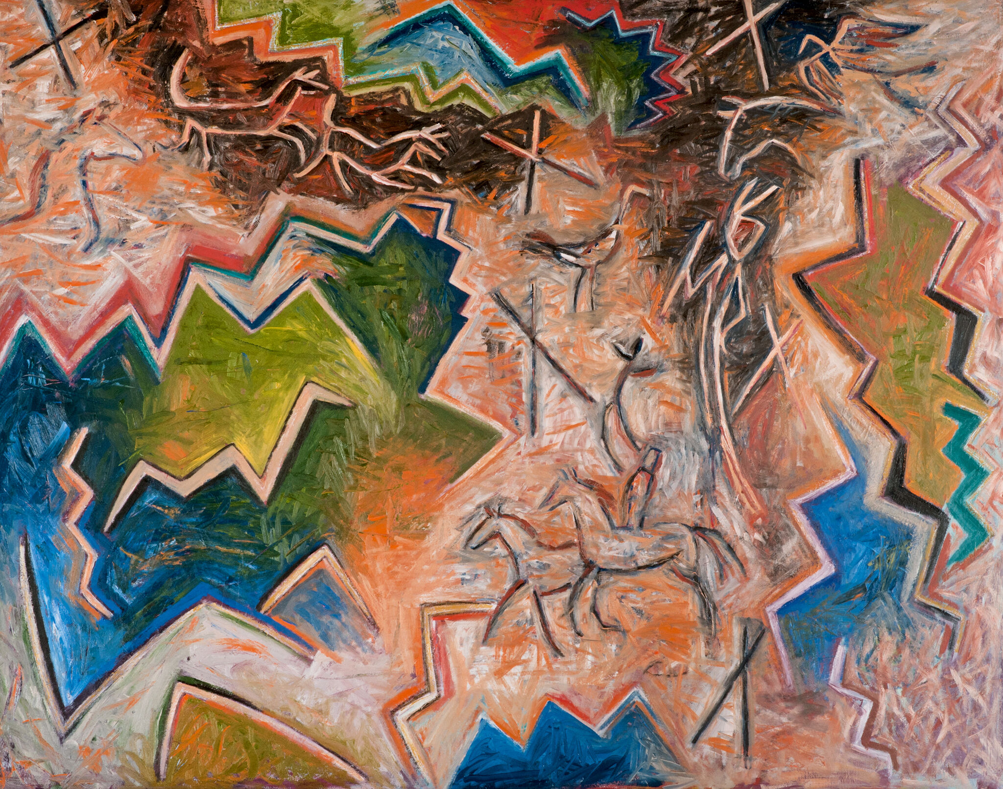 A canvas entirely covered in shapes, patterns, and saturated colors. Human and animal forms are visible amongst the highly pigmented color.
