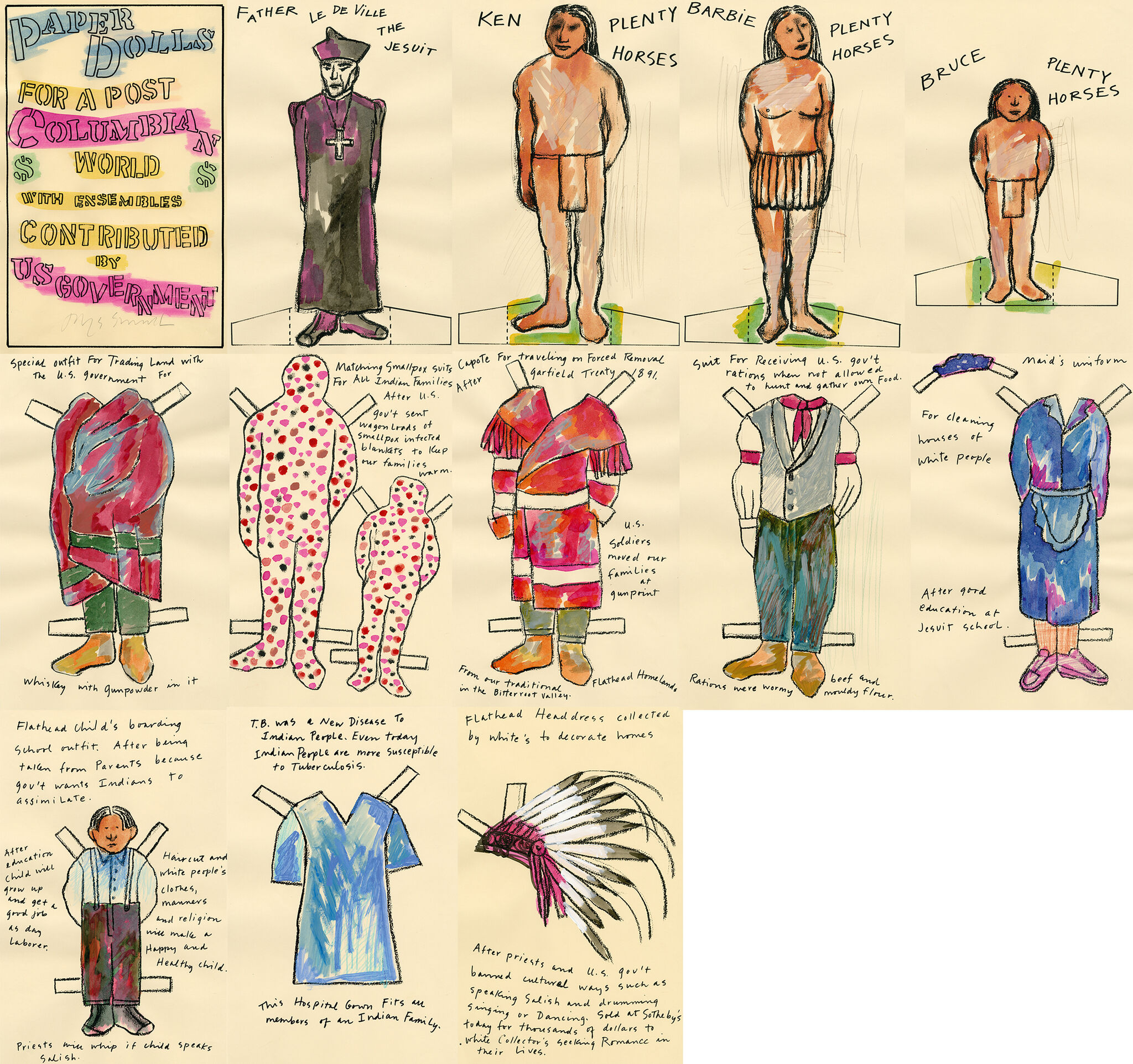 A sheet of paper dolls with outfit options showing devastating circumstances. 
