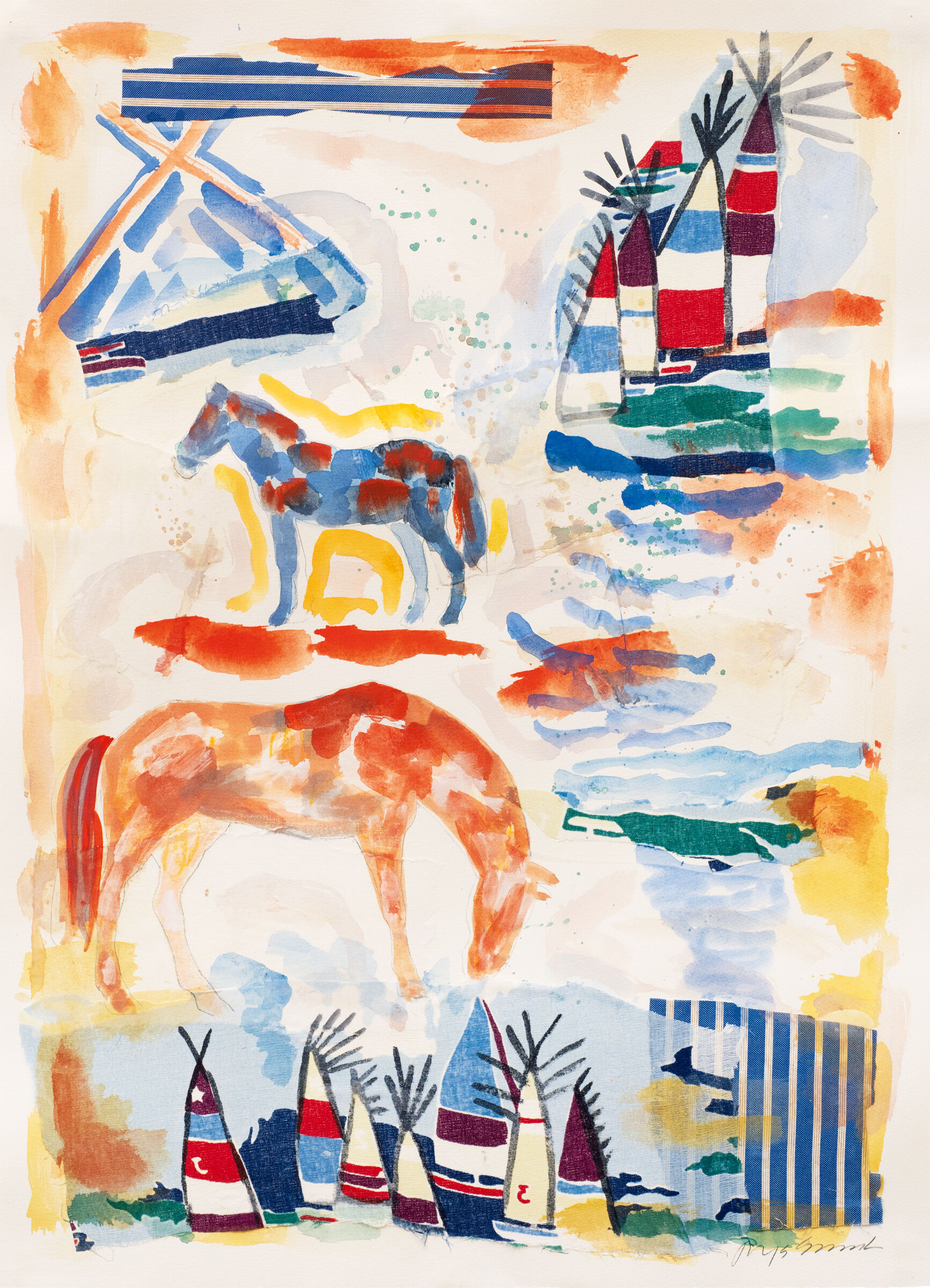 Horses and ships made of patches of translucent color are scattered over the paper.