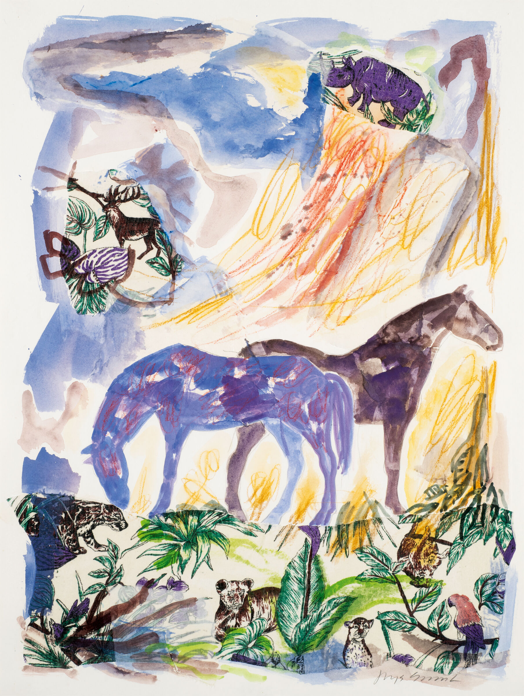 Many different animals—horses, a rhino, leopards, birds—are scattered over the paper surrounded by large swathes of color. 
