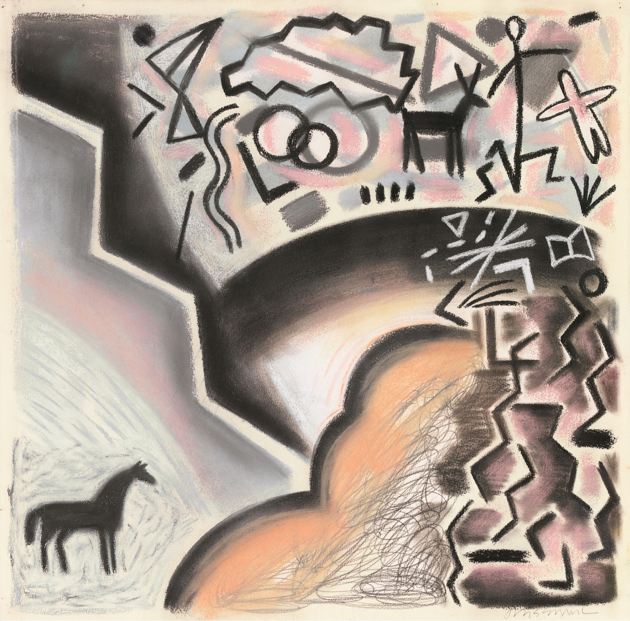 Shapes of animals and geometric patterns swirl across the paper in hues of pink, orange, black, blue, and white.