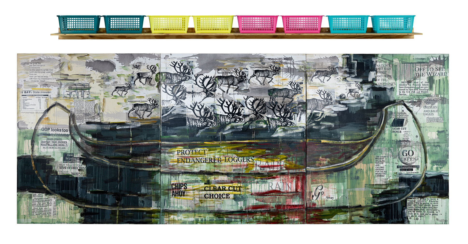 A canoe painted on top of newspaper and images of animals with a shelf holding plastic bins above.