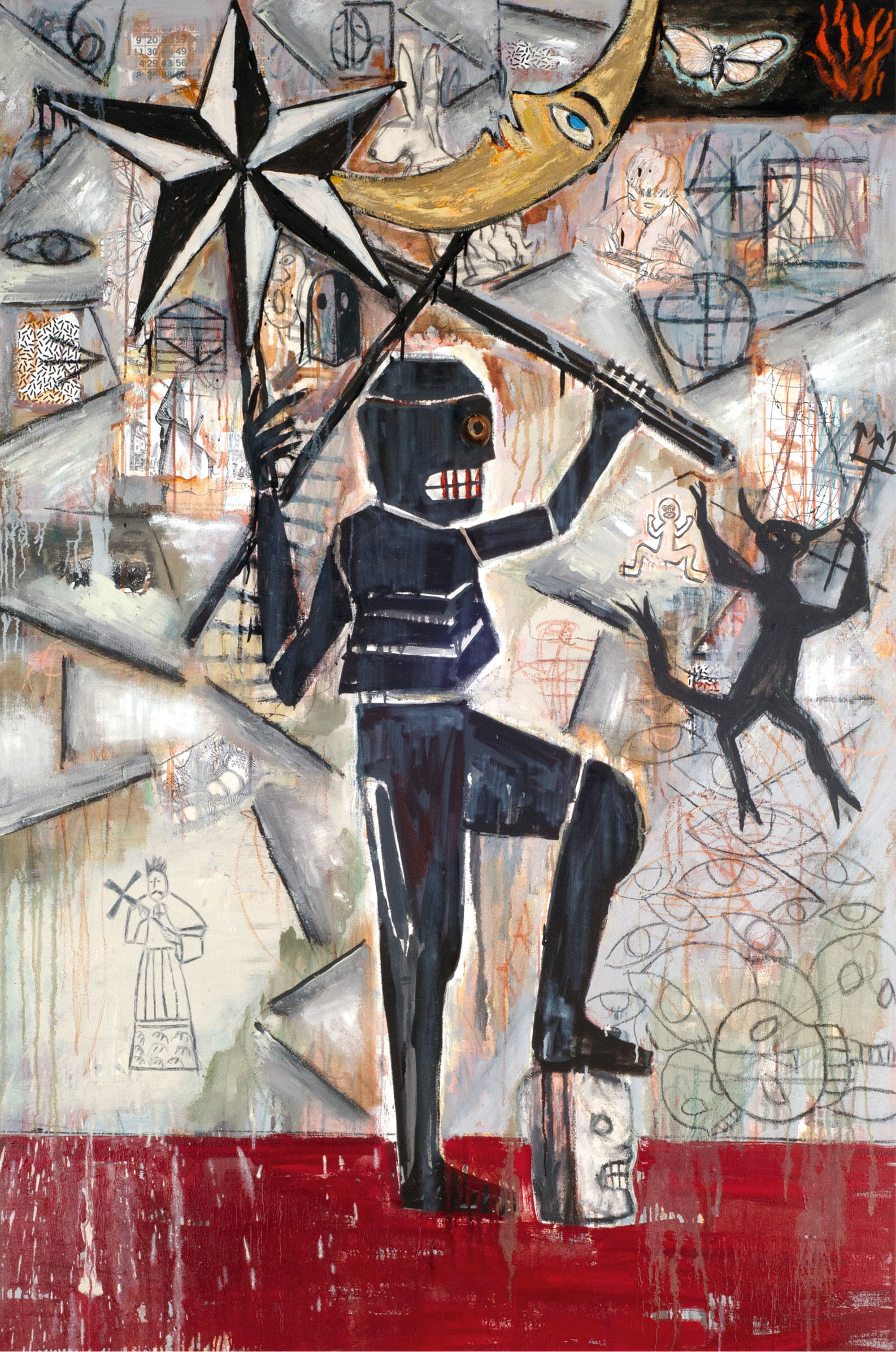 A figure in black has a foot on a white skull and is holding a star and moon and surrounded by sketched imagery. 