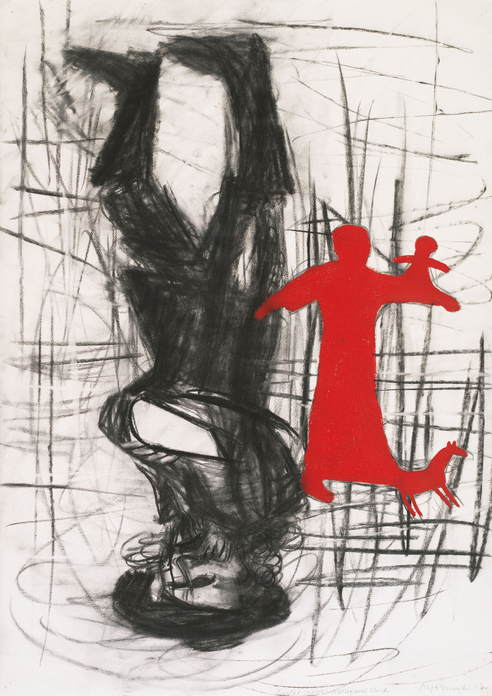 An upside down sketch of a man in a hat next do a silhoutte of a person, child, and horse in red. 