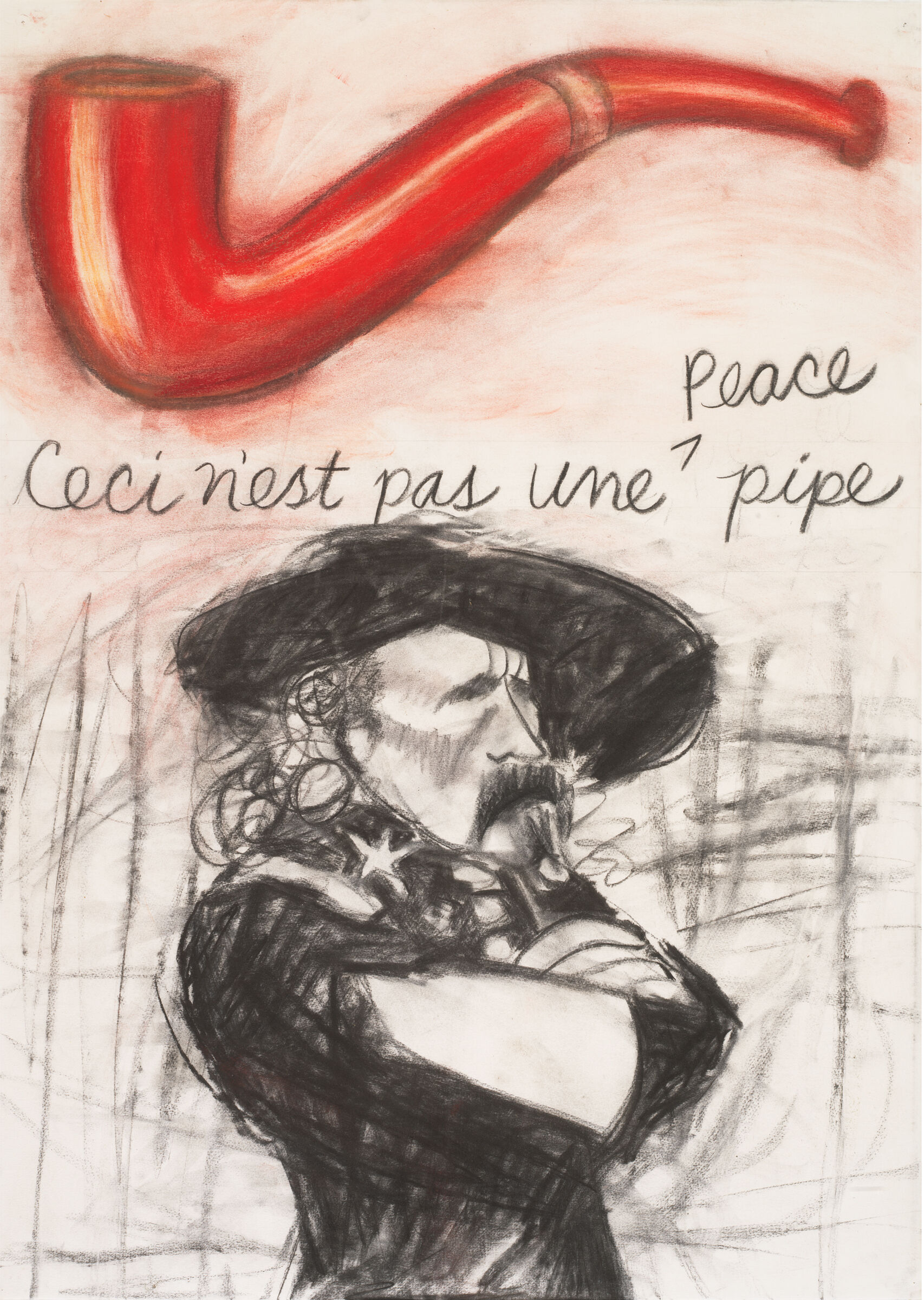 A sketch of a man with a large red pipe hovering above his head and the words "ceci n'est pas une peace pipe.