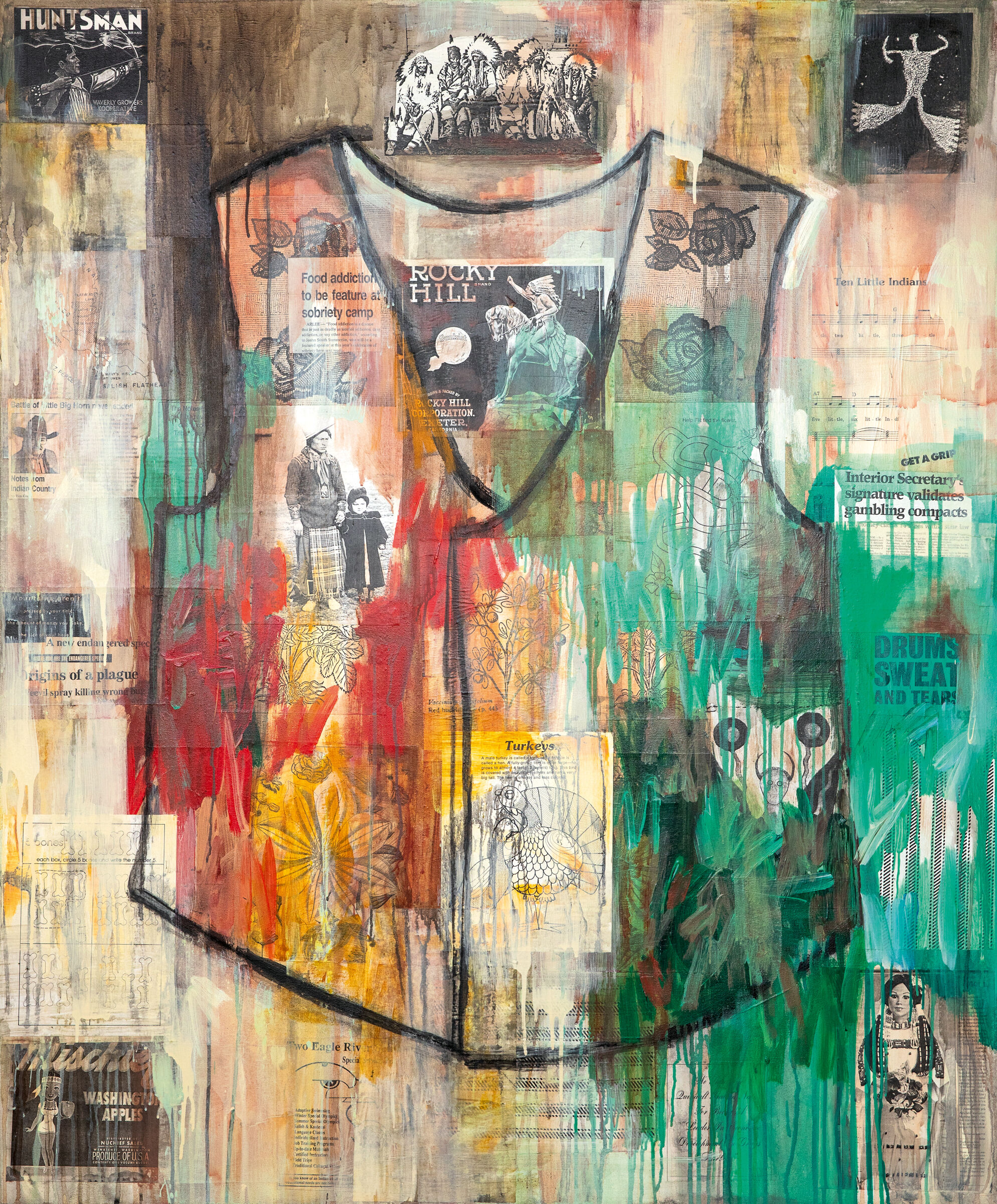 A collage of newspaper covered in yellow, green, and red paint and the black outline of a vest.