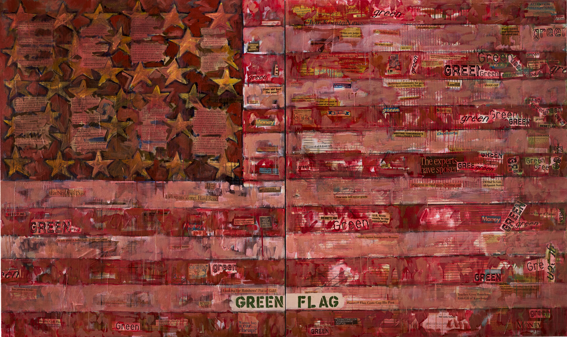 An American flag in red with newsprint showing through the pain and the words "green flag" below. 