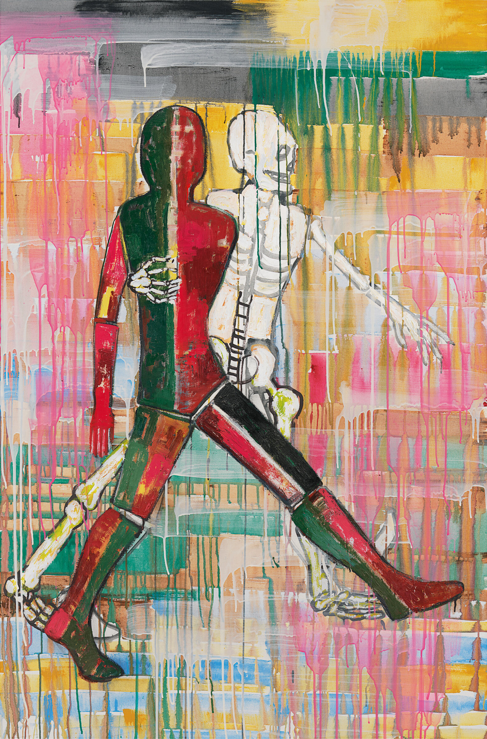 A skeleton dancing with a figure in green and red surrounded by drips of ping, teal, yellow, and black paint.