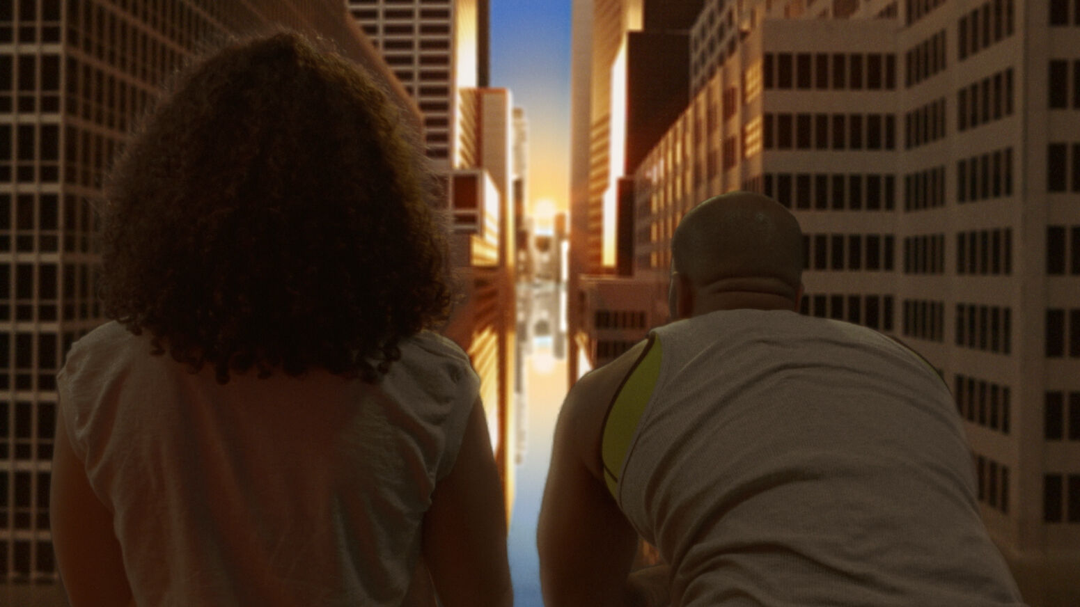 The backs of two people looking out over a flooded cityscape. 