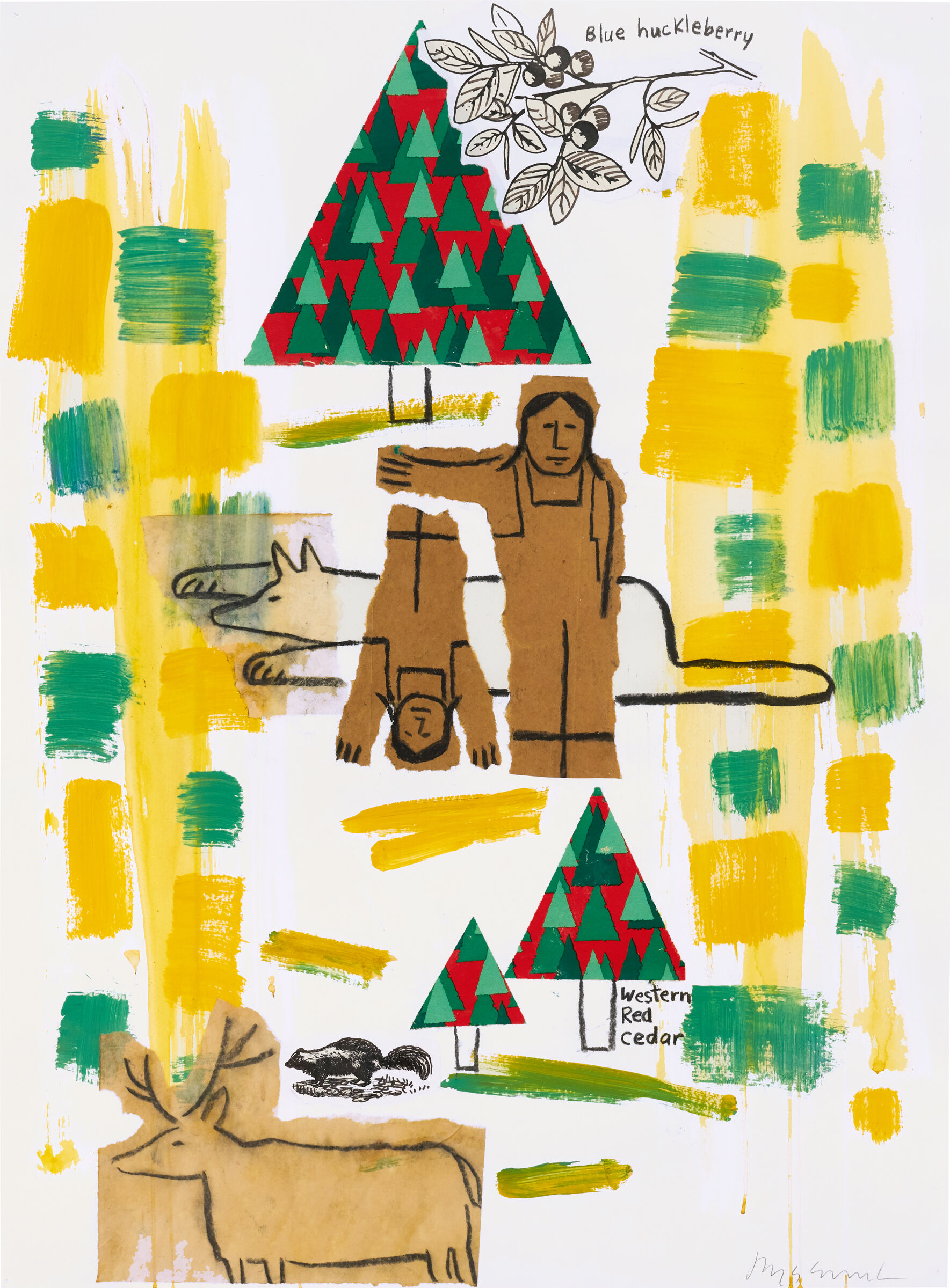 Patterns of yellow and green and red and green checks cover the page and surround human, animal, and tree forms. 