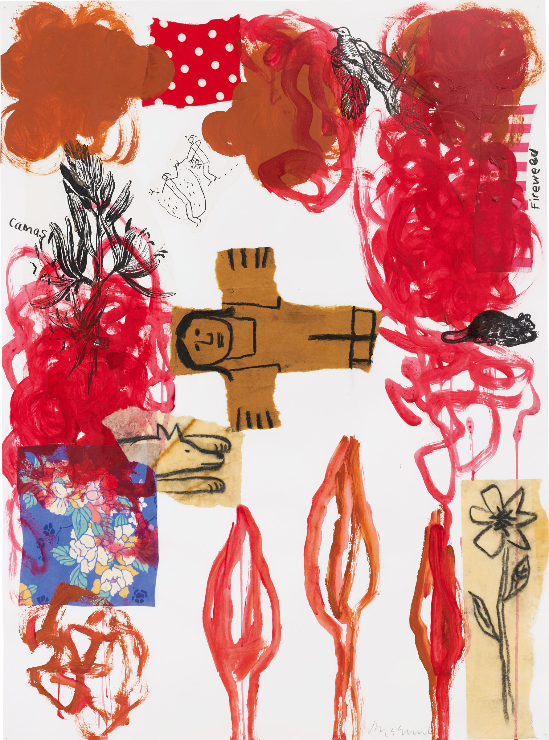 A human figure is surrounded by red paint and the shapes of plants and animals. 