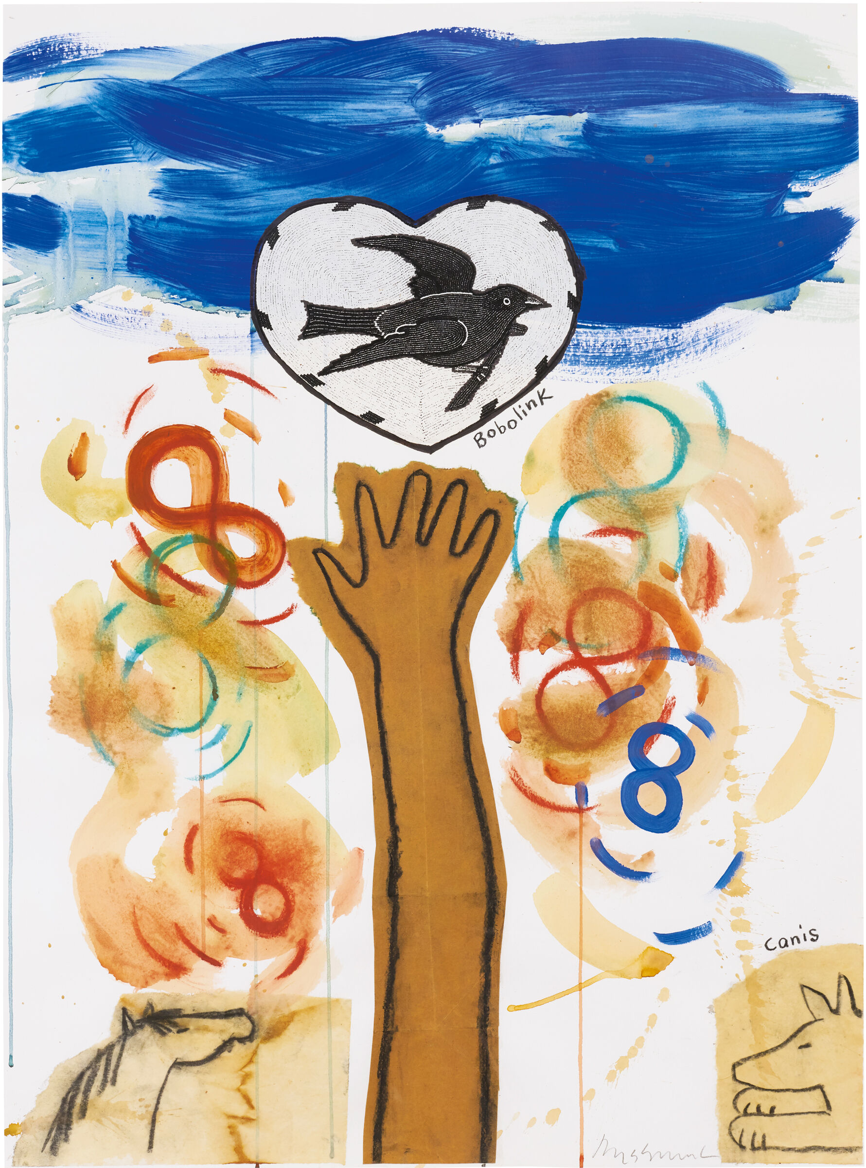 A hand reaching towards a bird in a blue sky surrounded by shapes and color. 