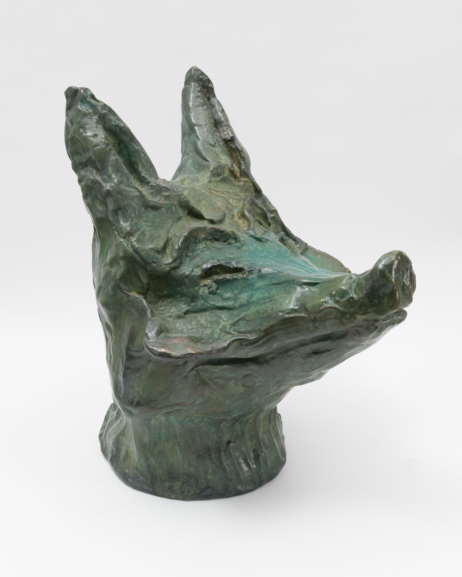 A sculpture of the head of a coyote. 