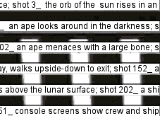 Horizontal lines of typed text is interspersed with black and white shapes in the background.