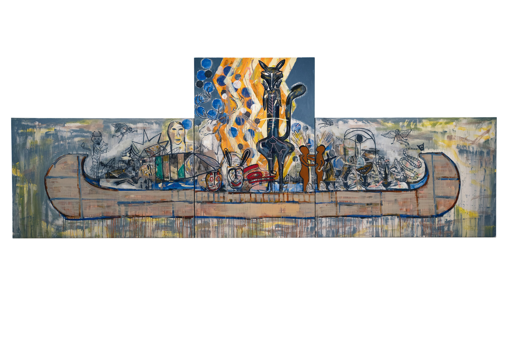 Many forms ride in a canoe with a coyote at the center surrounded by bright orange and white. 