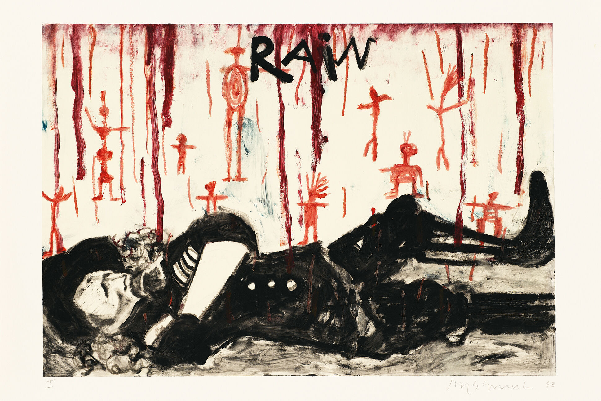 A man looks unwell and lays on the ground surrounded by red figures.