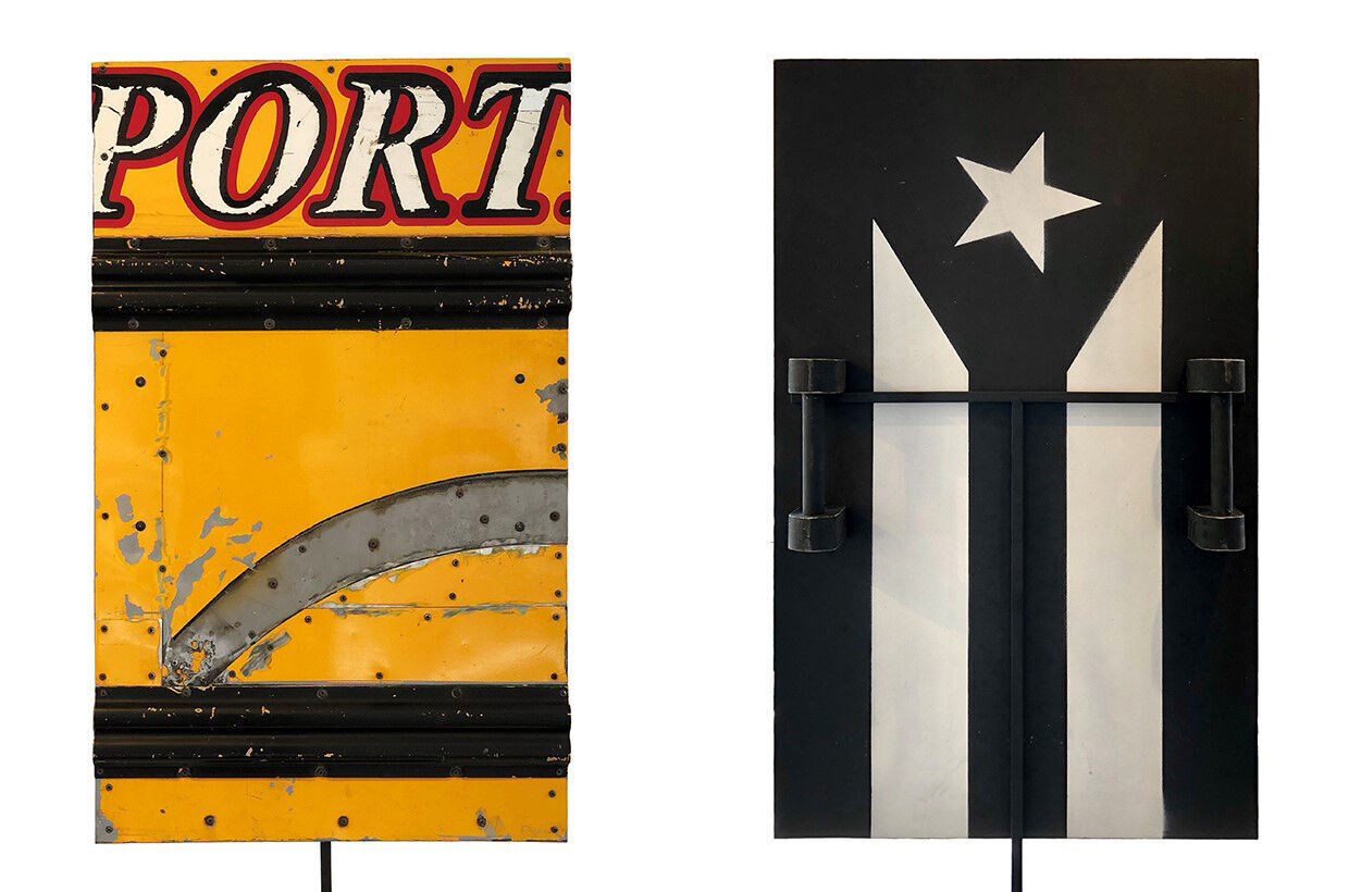 Two rectangular pieces of metal cut out from the frame of a yellow bus are pictured side by side.The left piece retains its original yellow paint and exposed steel, while the right piece is painted with black and white vertical stripes with a star atop, made to look like a flag.