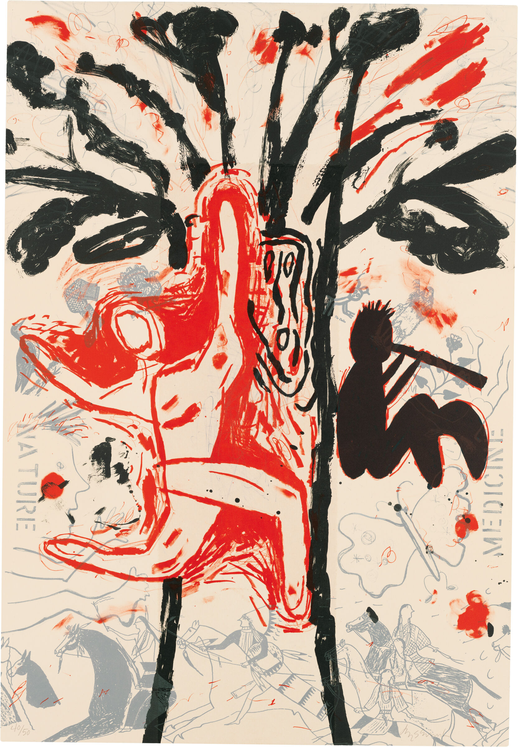 A figure in black plays music and a figure in red leaps surrounded by scenes of nature. 