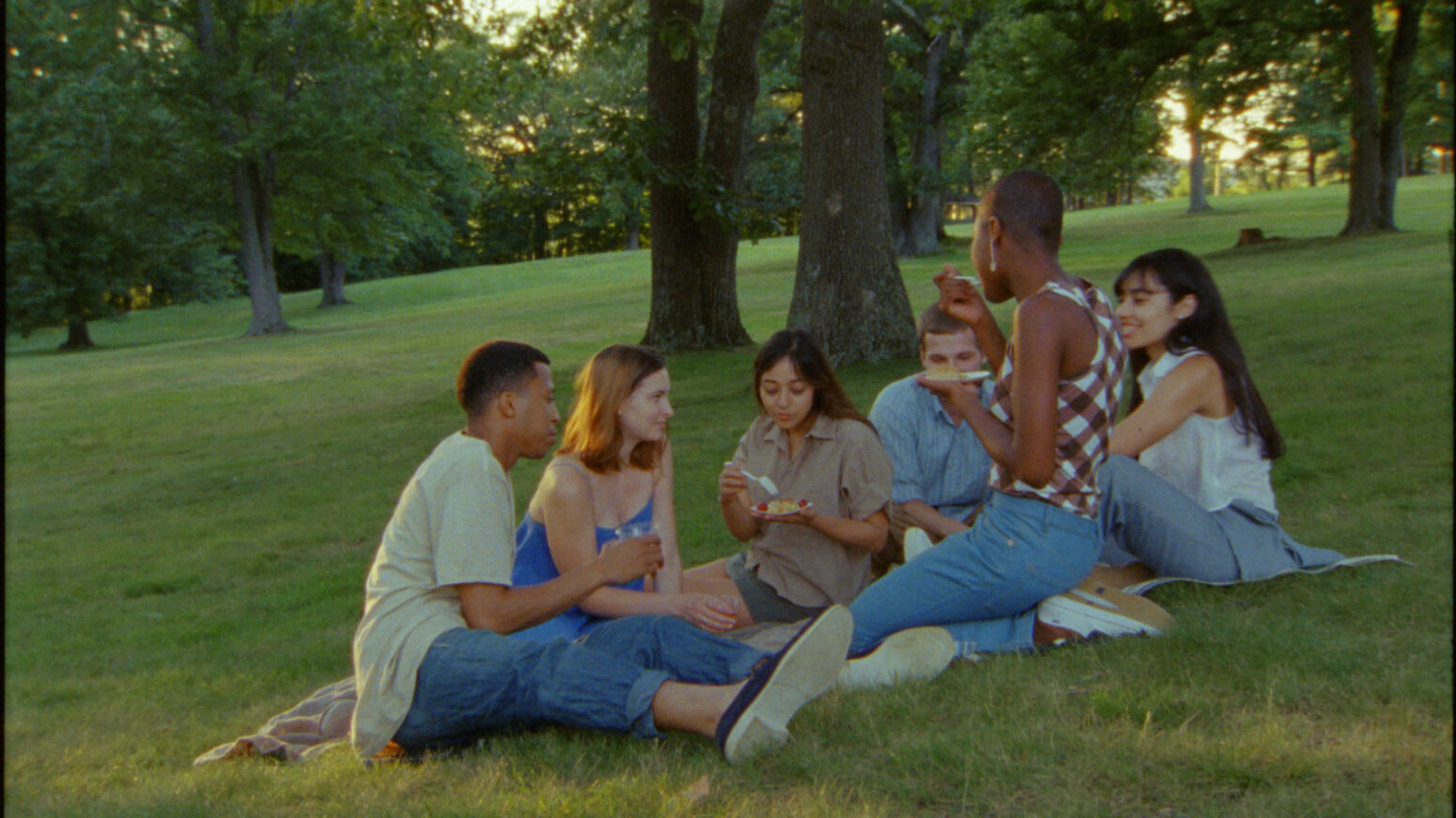 A group of people sit on the grass picnicking happily. 