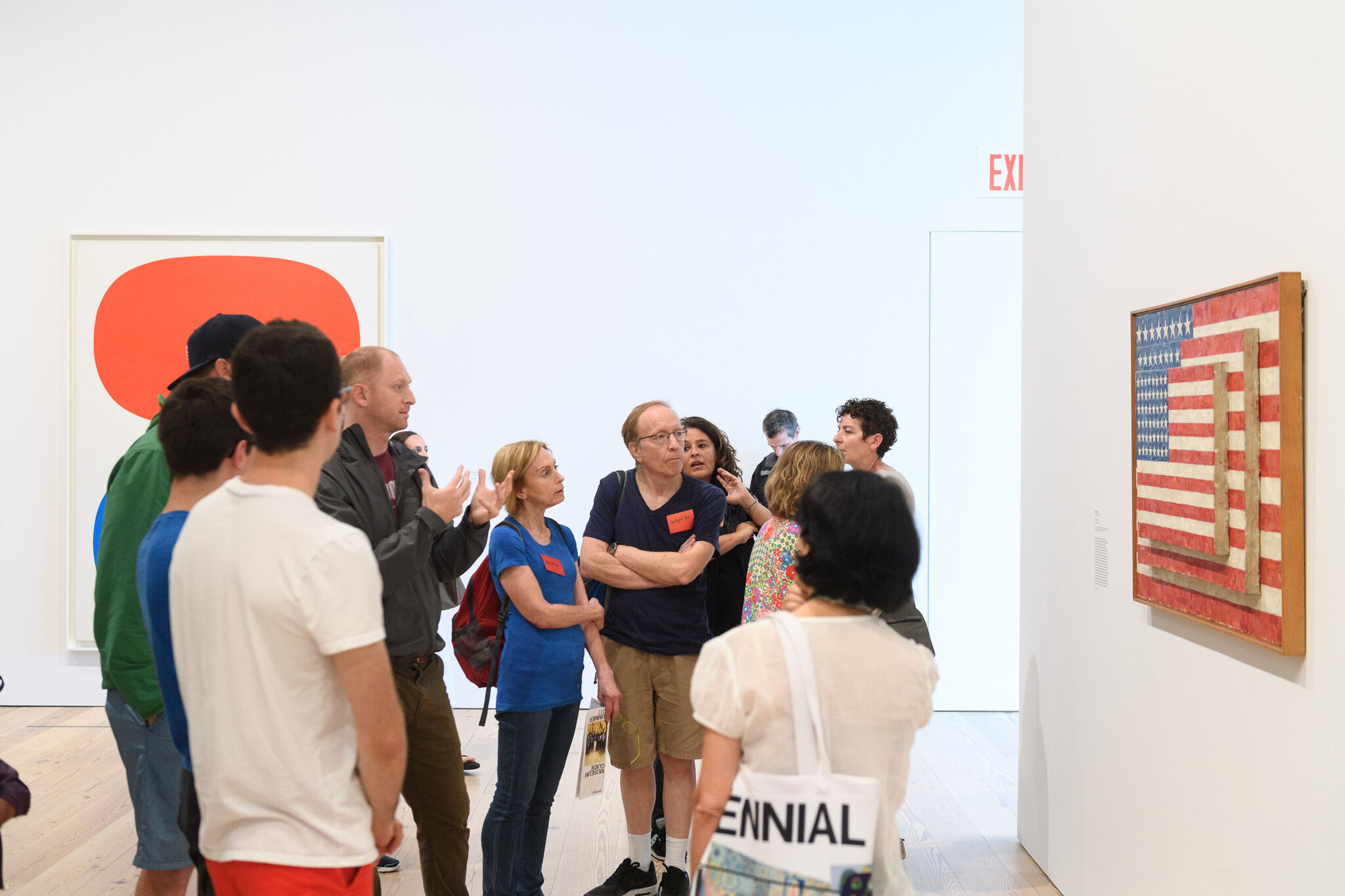 A group of visitors in animated discussion in front of painting of three layered American flags. 