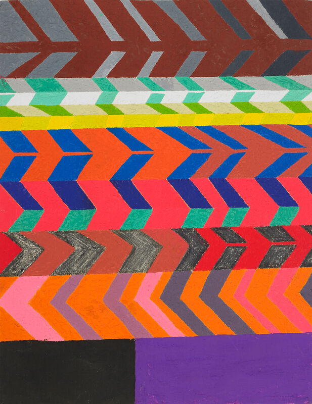 Uneven stripes of purple, black, yellow, white, and varying shades of orange with a chevron-esque pattern in shades of pink, purple, blue, and grey.