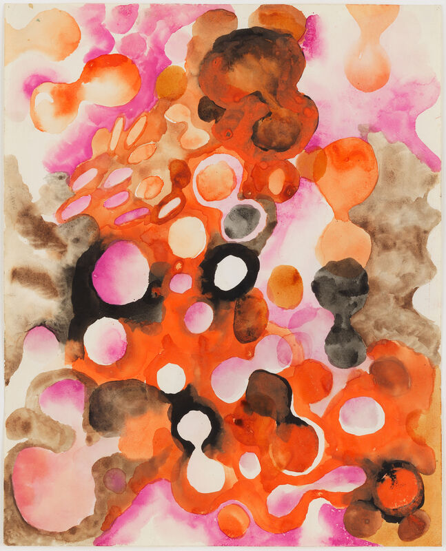 Figure-eight shapes and circles scattered across overlapping patches of white, brown, orange, and pink.