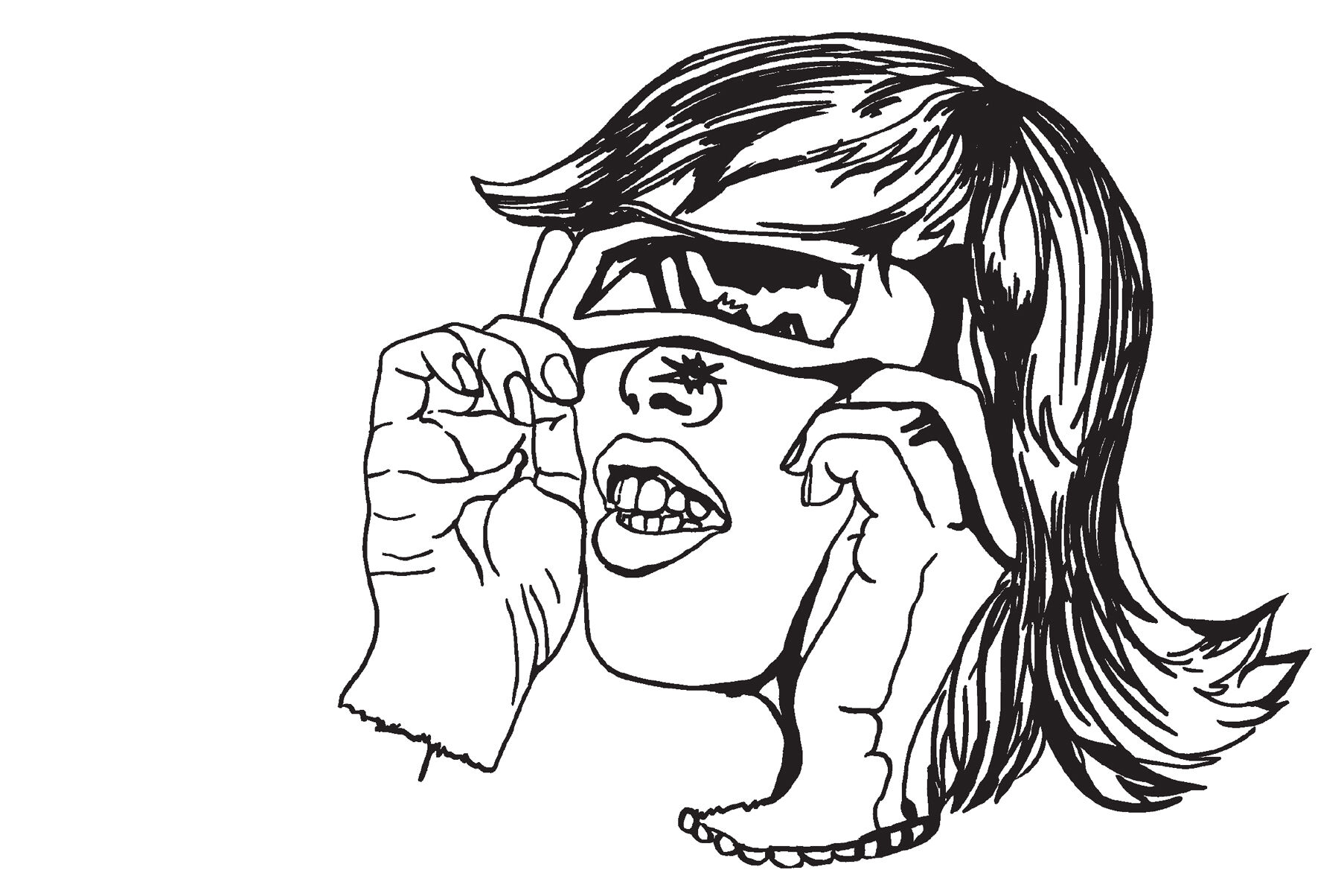 A black and white drawing of a person with sunglasses on looking at a floating orb of scientific tools