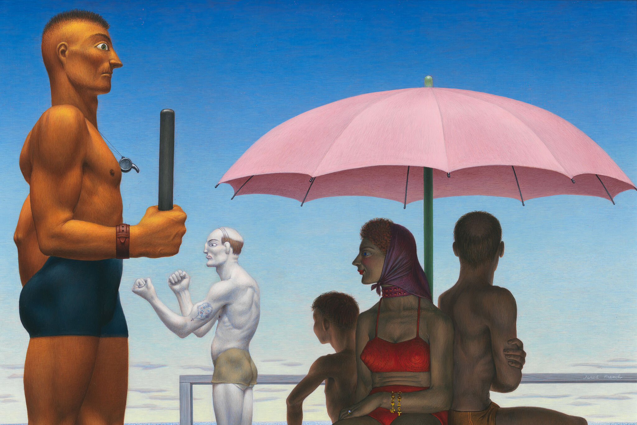 In the middle ground, a man, woman and child sit stiffly in swim attire under a small umbrella on a deck with an empty beach behind them. In the foreground, a muscular male figure wearing only tight swim trunks and a whistle around his neck, holds up a baton, and behind them, a pale, gaunt male figure passes by. 