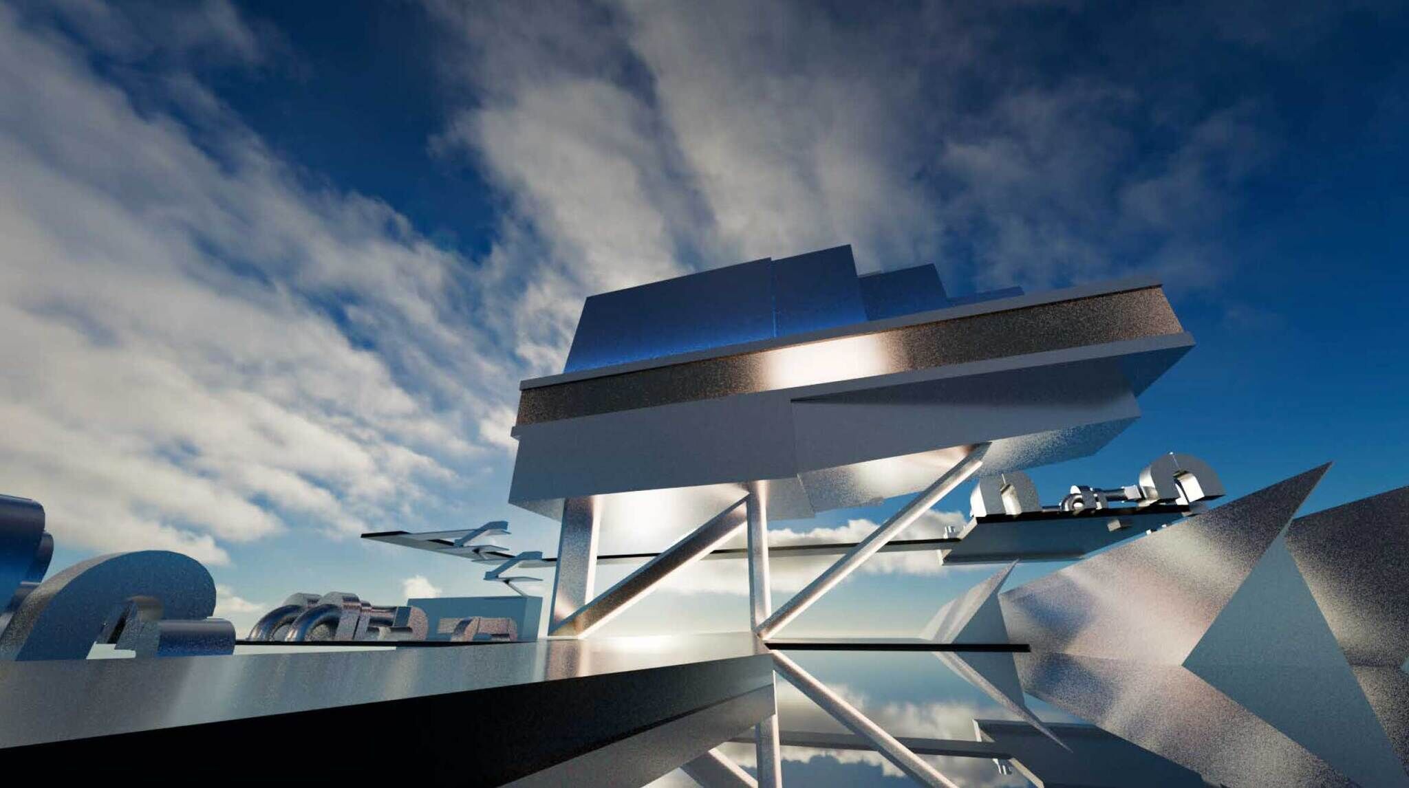 A silver, metallic 3D-generated structure reminiscent of the Whitney's building. In the image, you can see the building's exterior as well as a blue sky. 