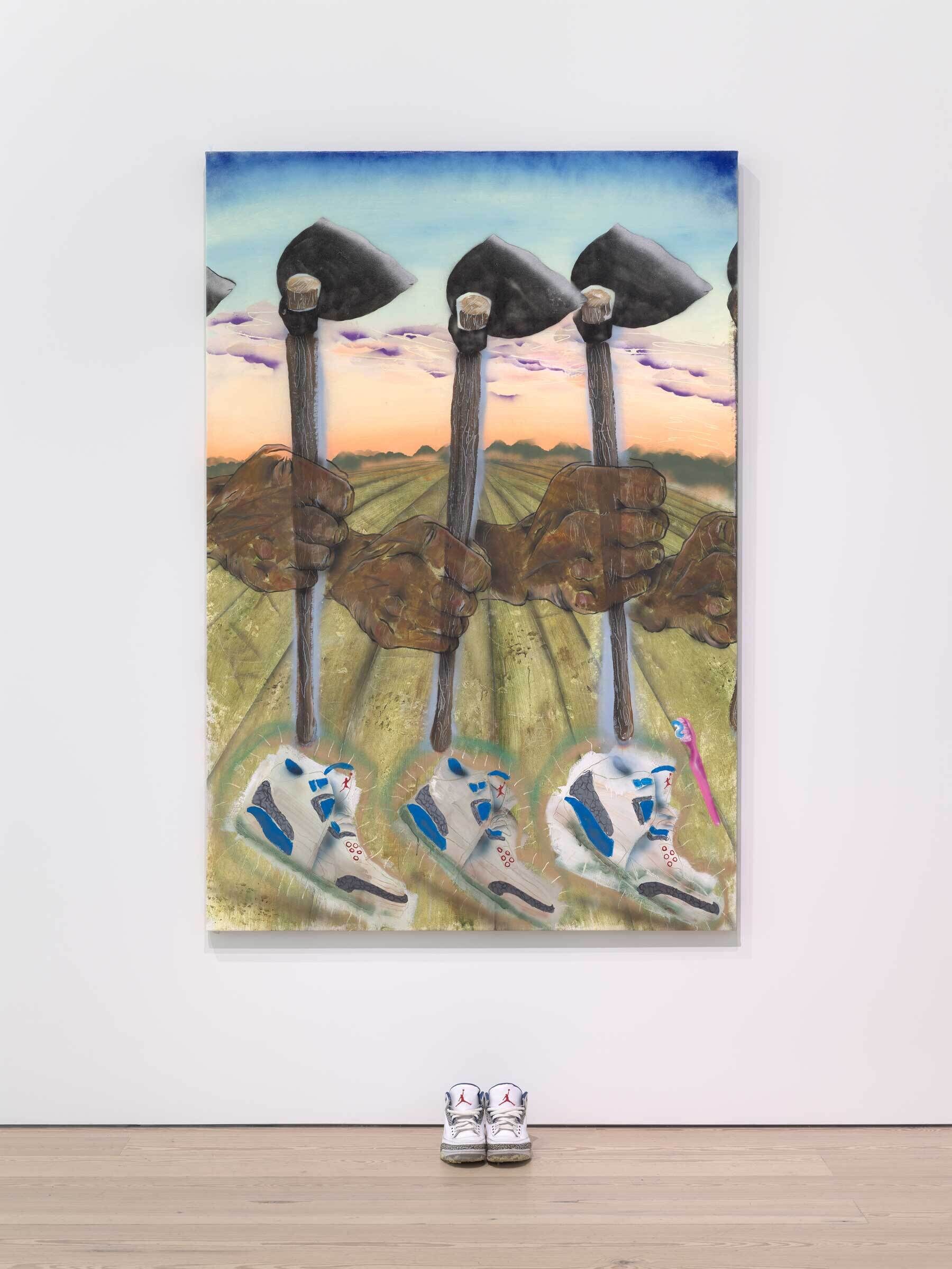 A pair of shoes in front of a painting of fists clutching gardening hoes that end in the same shoes.