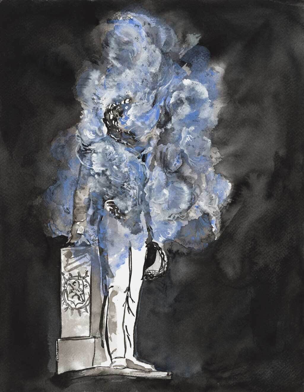 A figure smoking and burning.