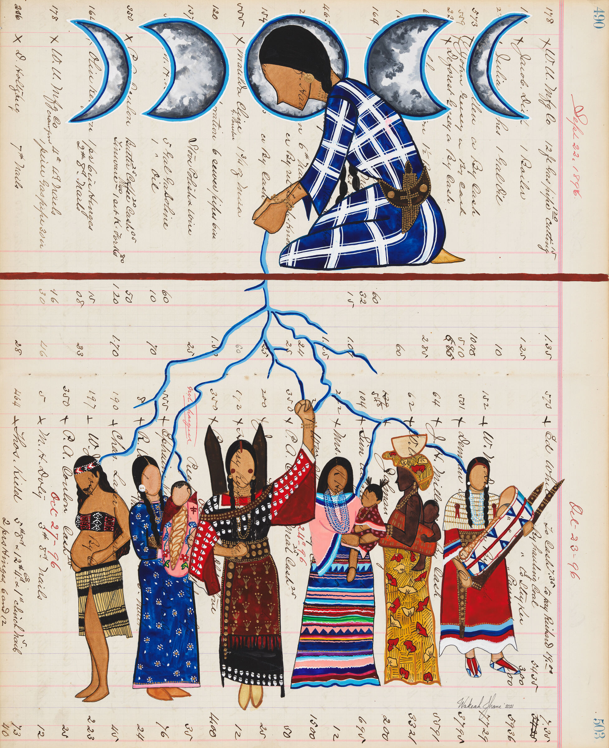 A person amongst different phases of the moon kneels over a group of people below connected through a line with many branches. 