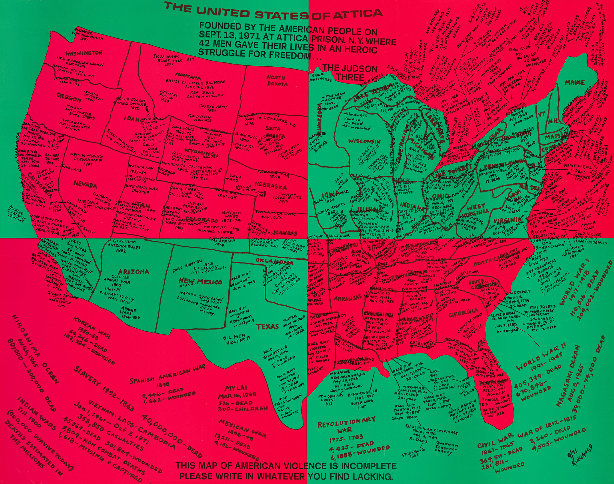 A map of the united states in green and red with violent historic events written across each state. 