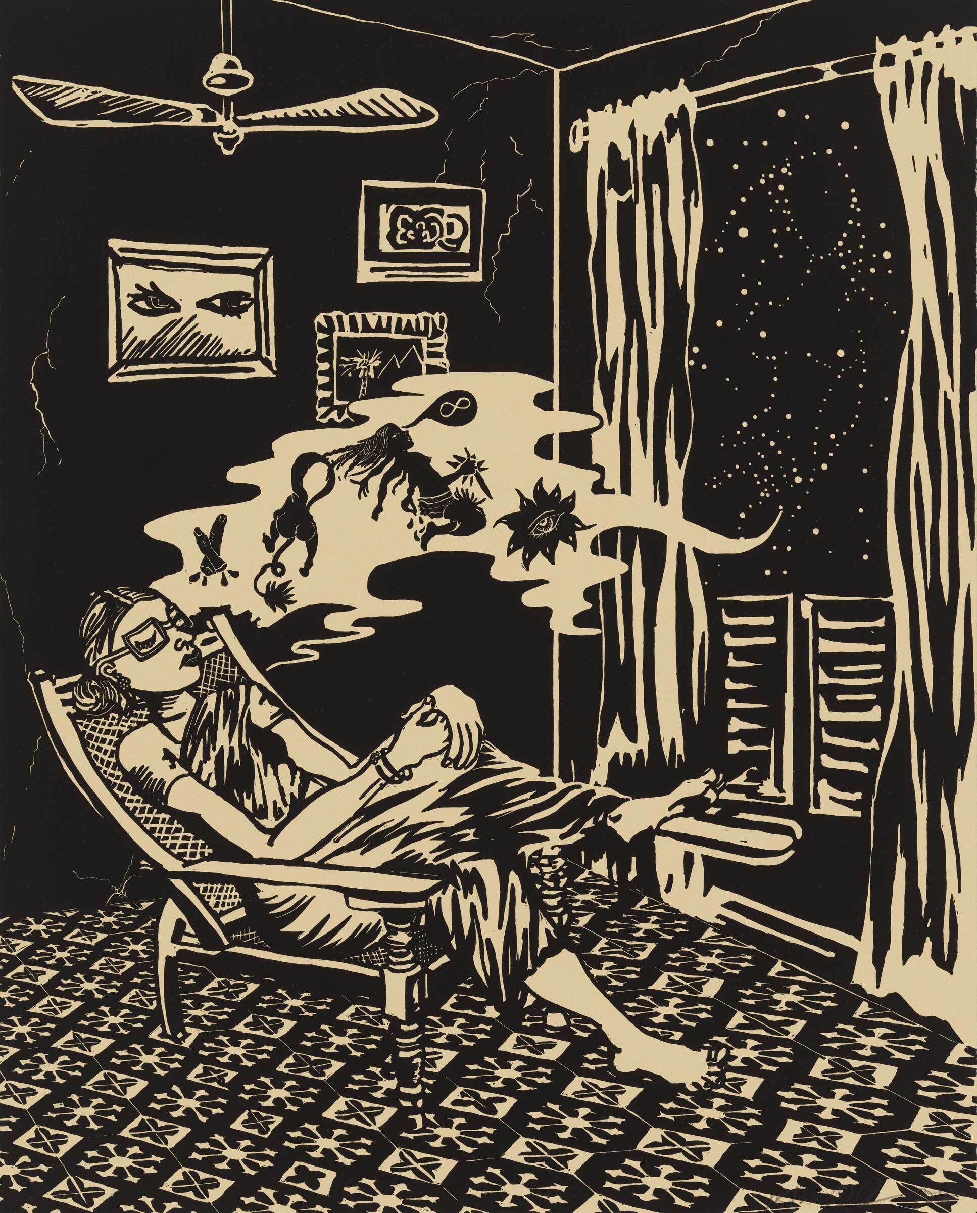 A woman lounging in an easy chair in a bedroom in front of an open window with a view of night time stars. A thought bubble near her head depicts symbols of womanhood.