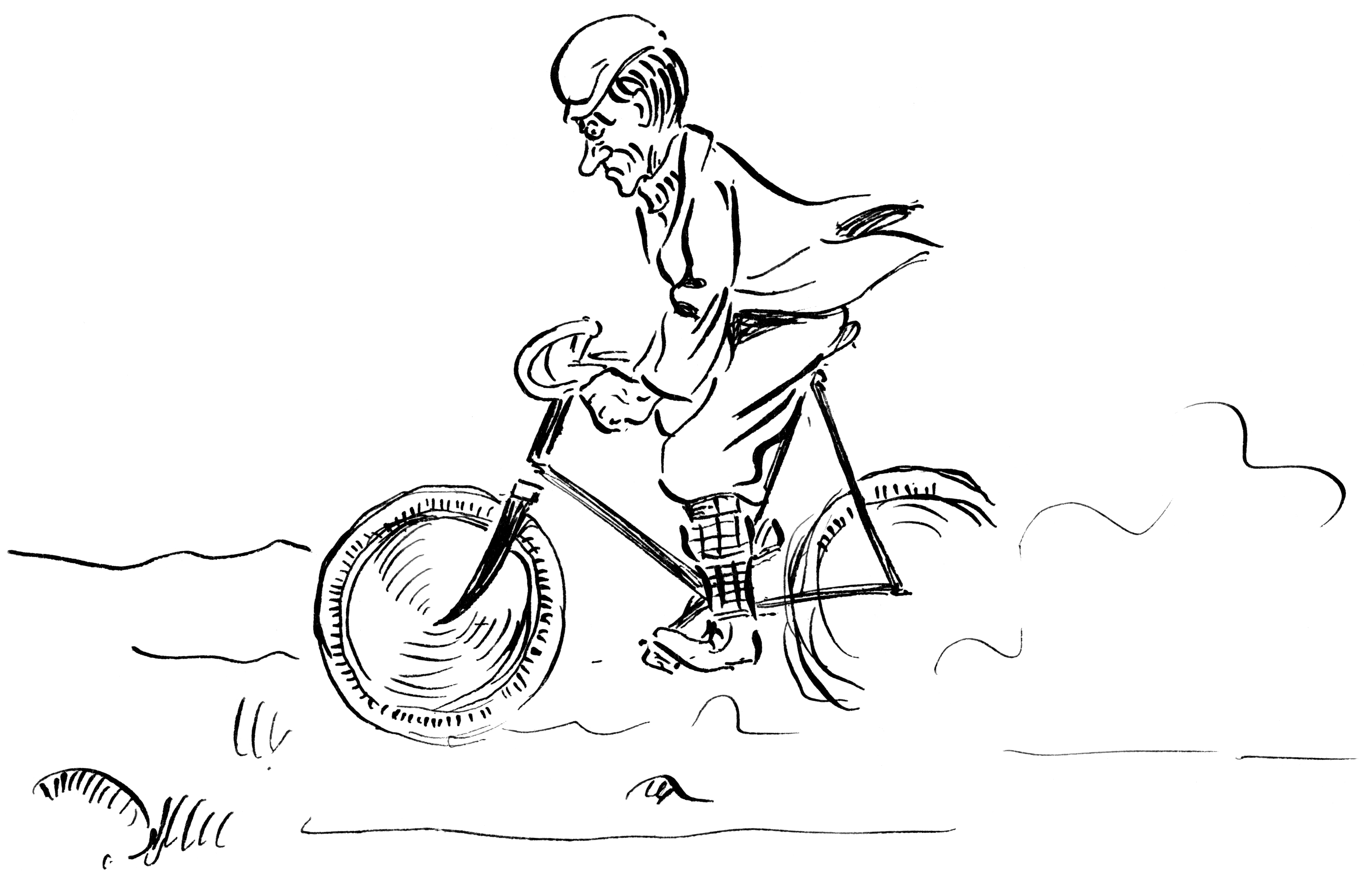 A graphic of a man riding a bicycle wearing a hat and with his clothes blowing in the wind. 