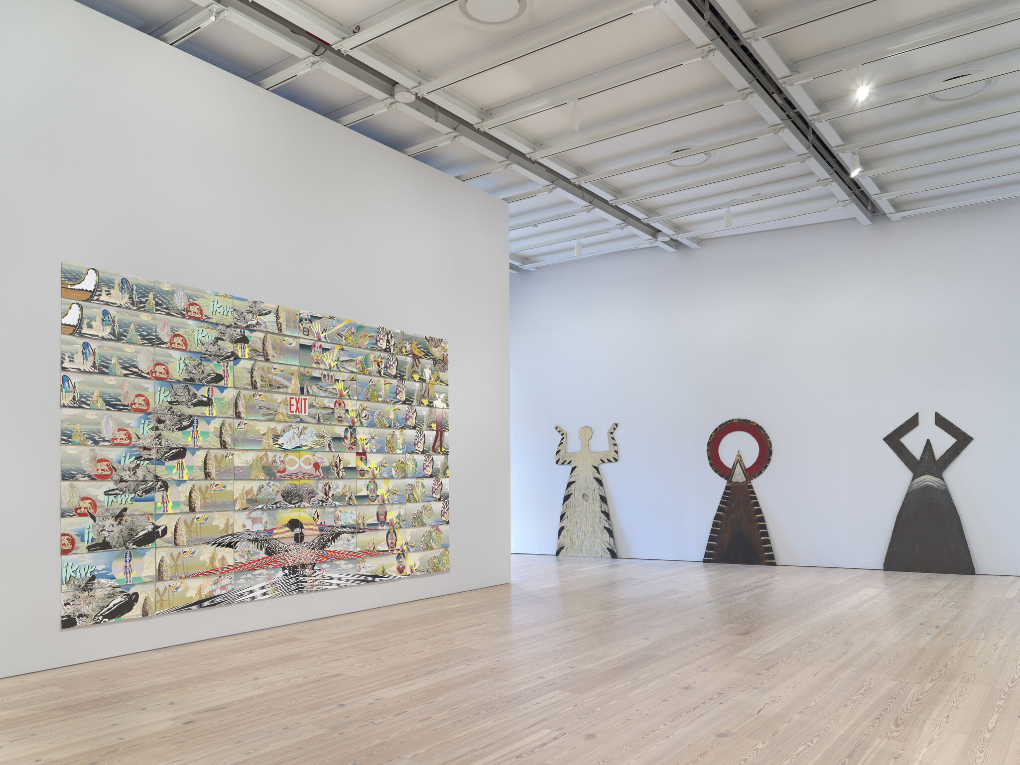 On the left, a collage that comes together to form an upward pointing triangle with an exit sign in the middle, on the right, three human-figured paintings with their arms pointed upwards.