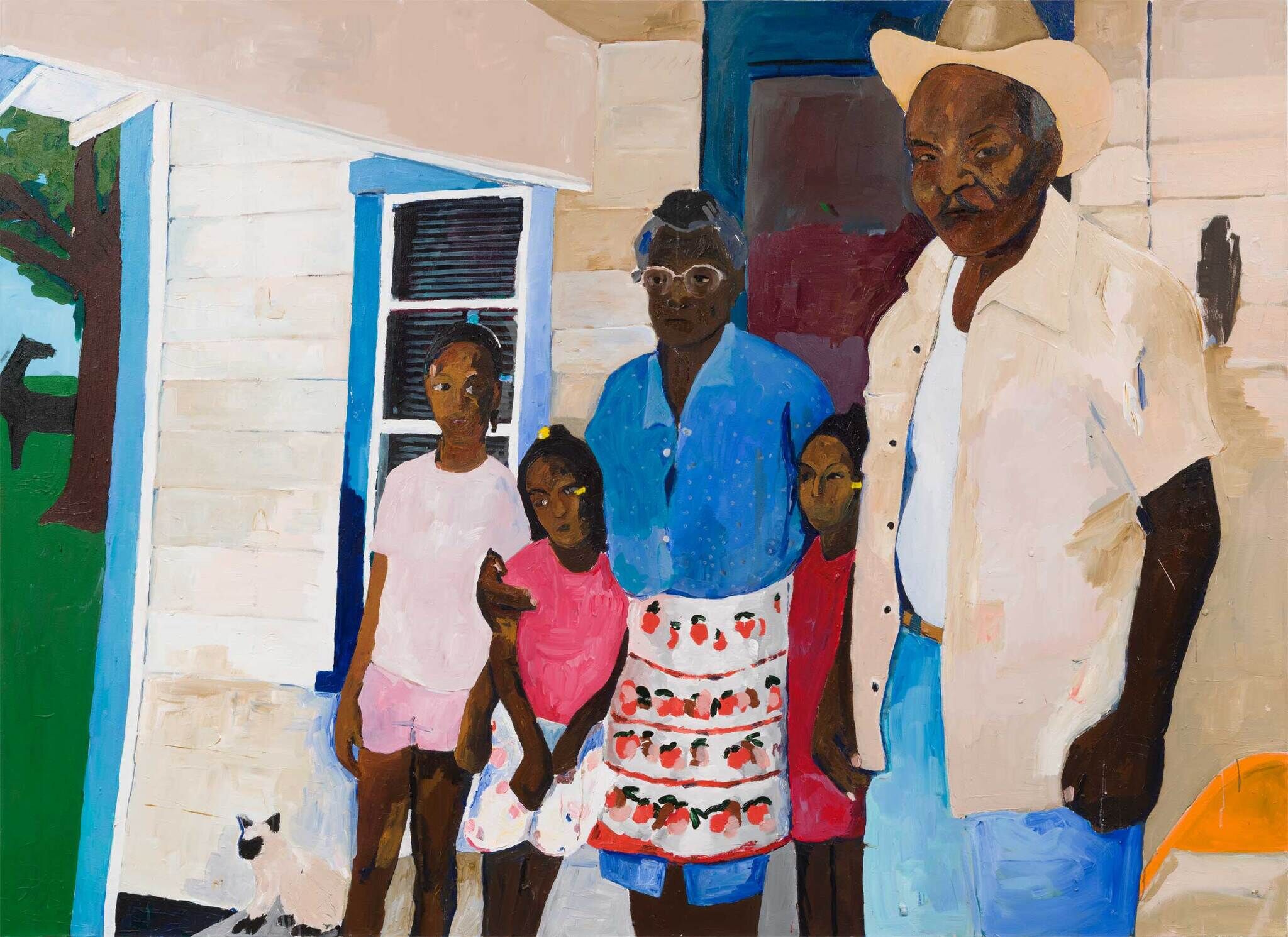 An elderly couple and three children stand in front of a white house with blue trim. On the left side of the painting, grass, a tree, and a horse are partially visible beyond the house. The older feminine figure is wearing a blue button-down dress with a white patterned apron tied at their waist. Their arms wrap around the shoulders of two of the children. The third child, who is slightly taller, stands to the left. The older masculine figure stands to the right of the others, wearing a cowboy hat, jeans, and beige collared shirt over a white undershirt.