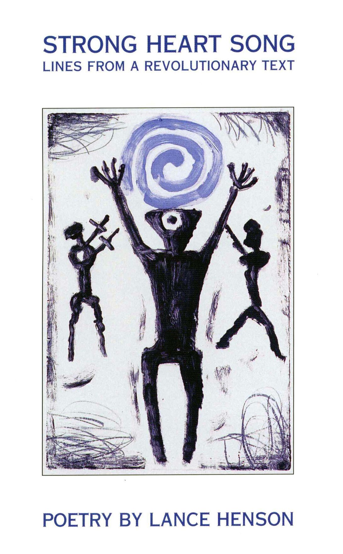 A book cover showing three figures with a large blue swirl shape above them. 