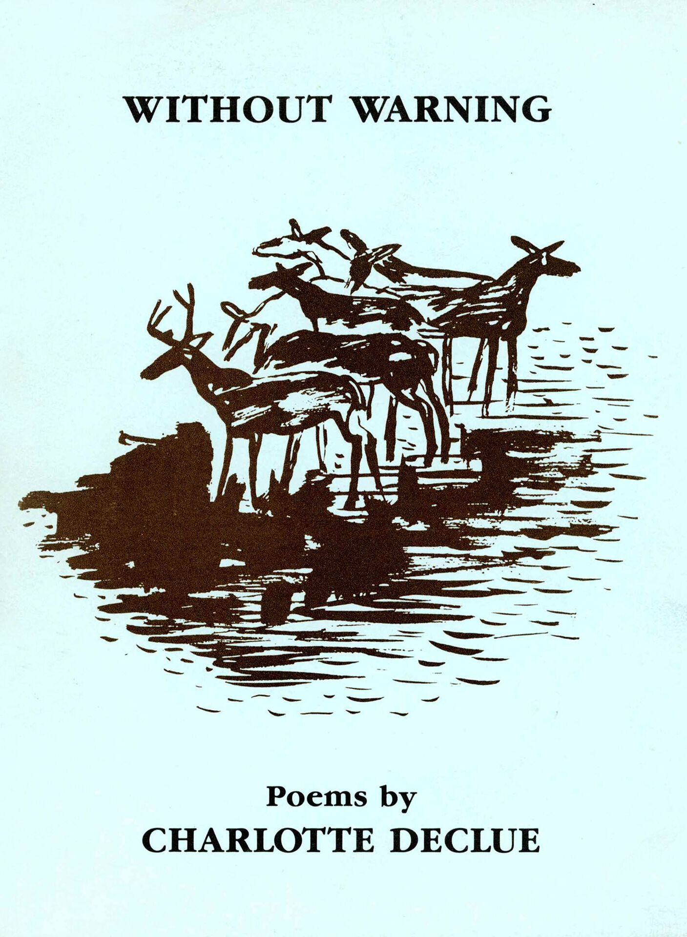 A blue book cover with a sketch of a group of deer. 