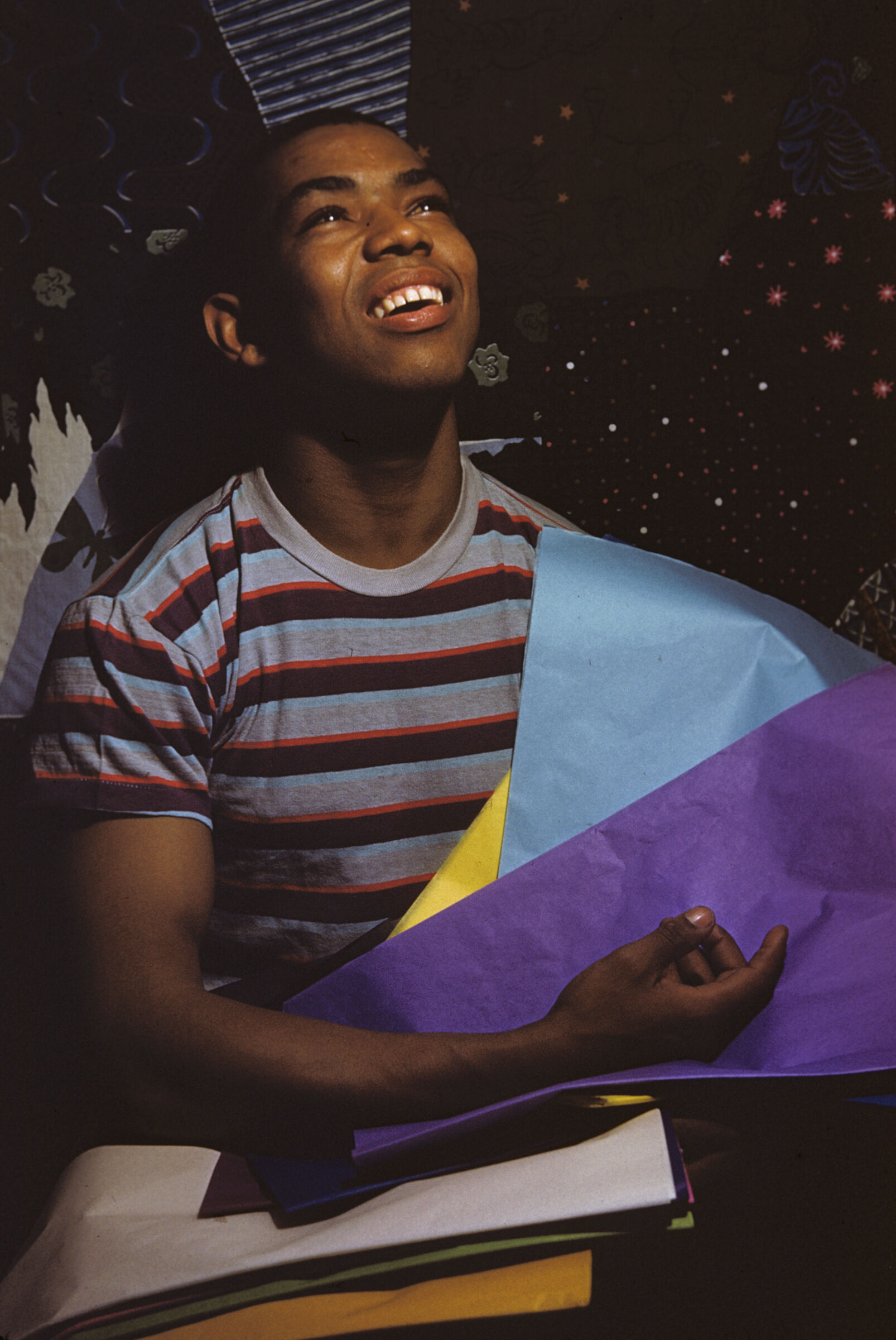 A photograph of a young Alvin Ailey surrounded by colors and textures, looking upwards. 