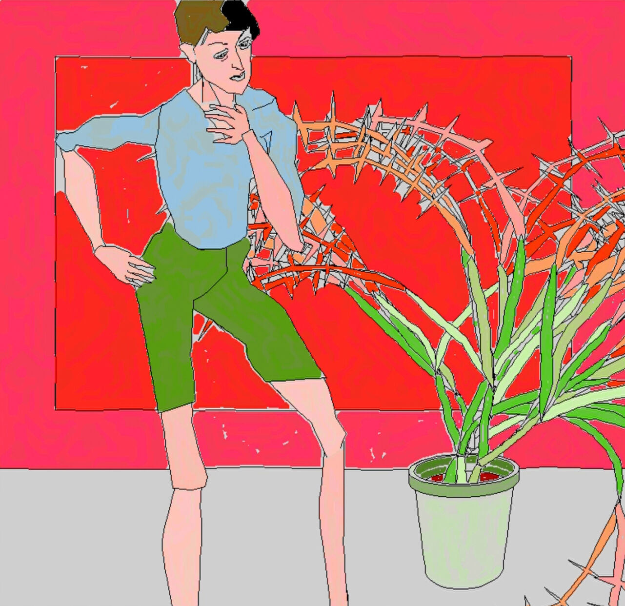 A person near a small table with flowers and a red background created out of lines without curves. 