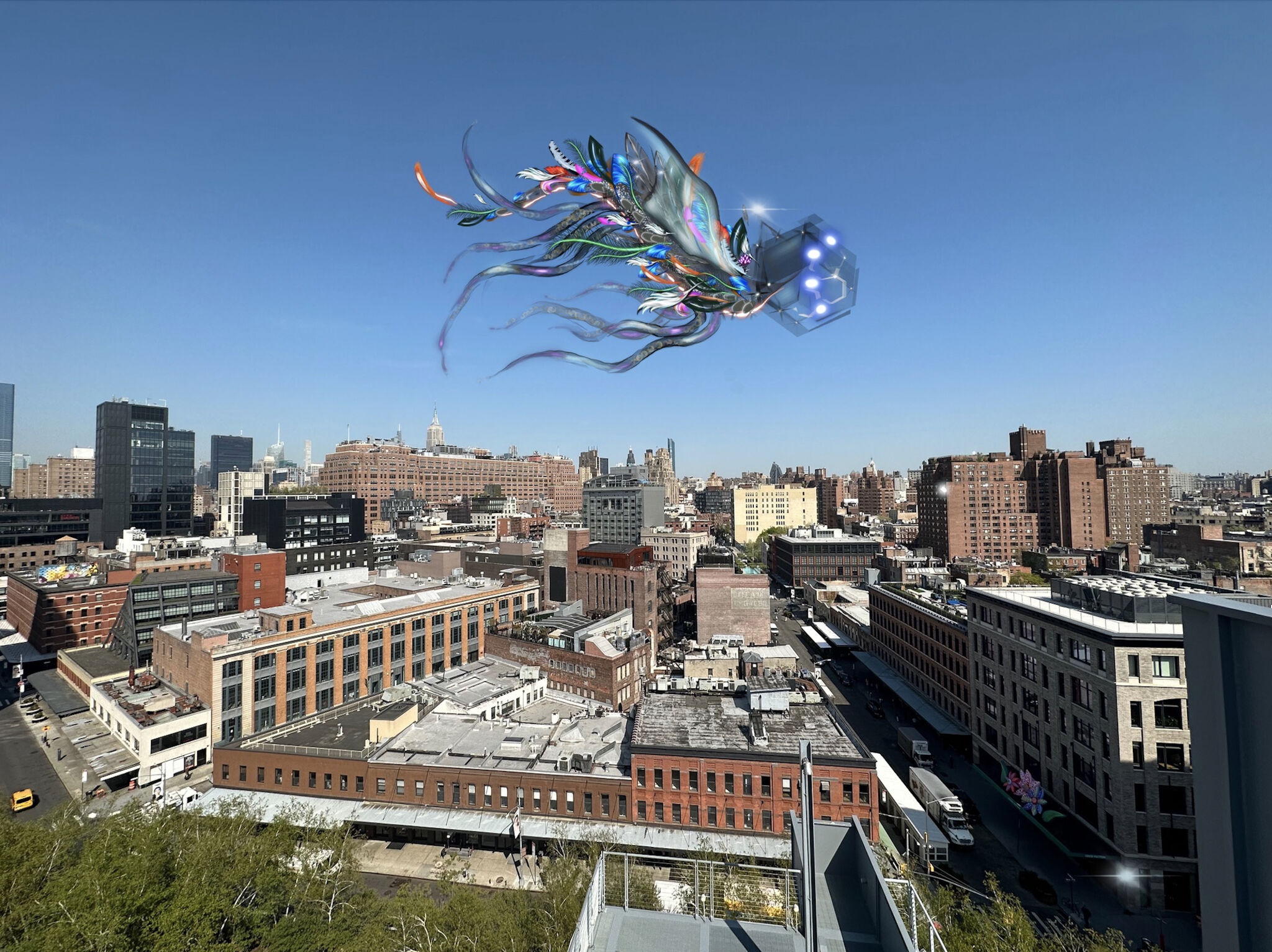 A 3D rendered creature with trailing tentacles, wings, and feathers, floats in the sky over the city view from the Whitney's 8th floor terrace.