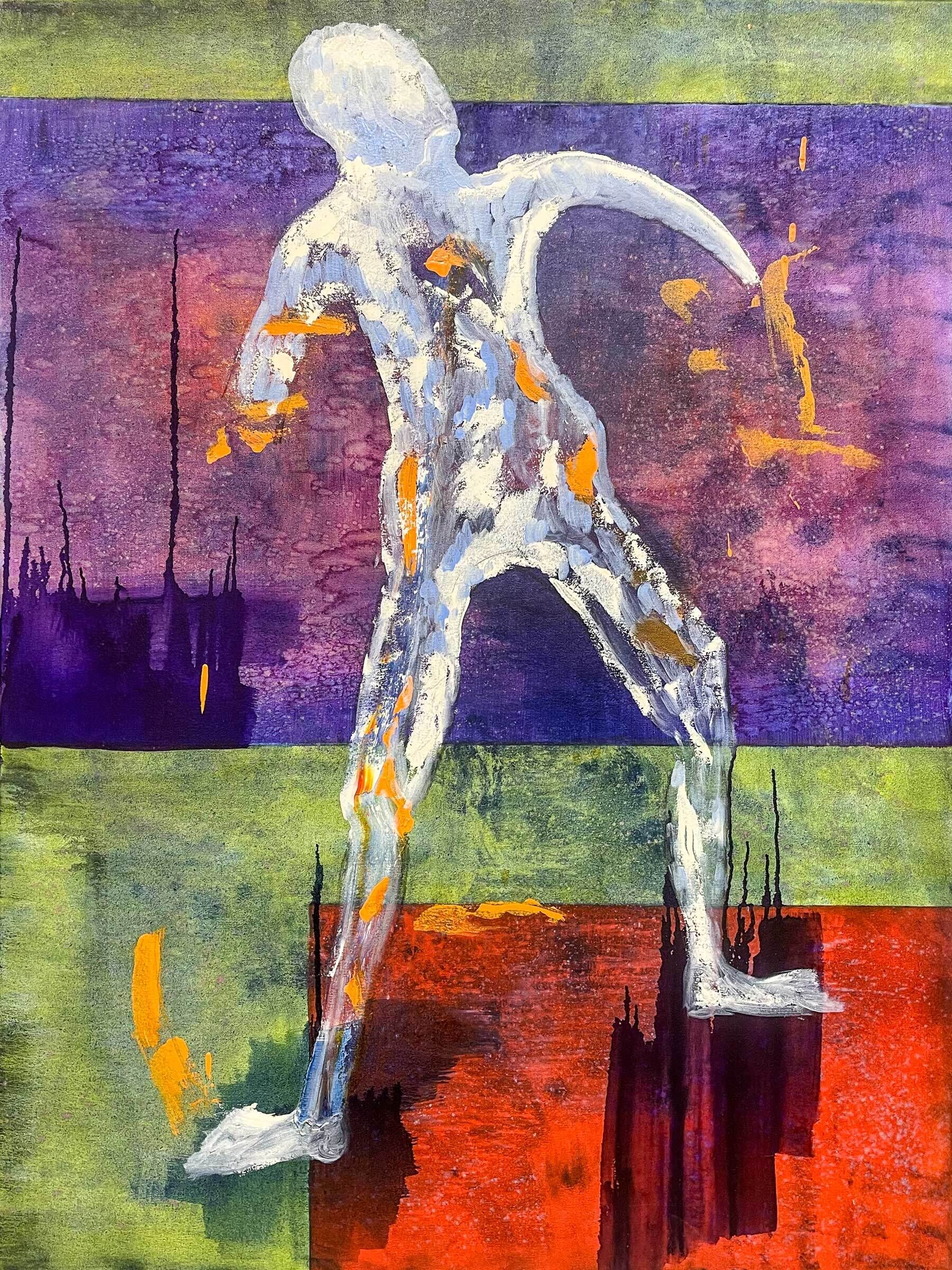 An abstract painting with a white figure against a green, purple, and red background.
