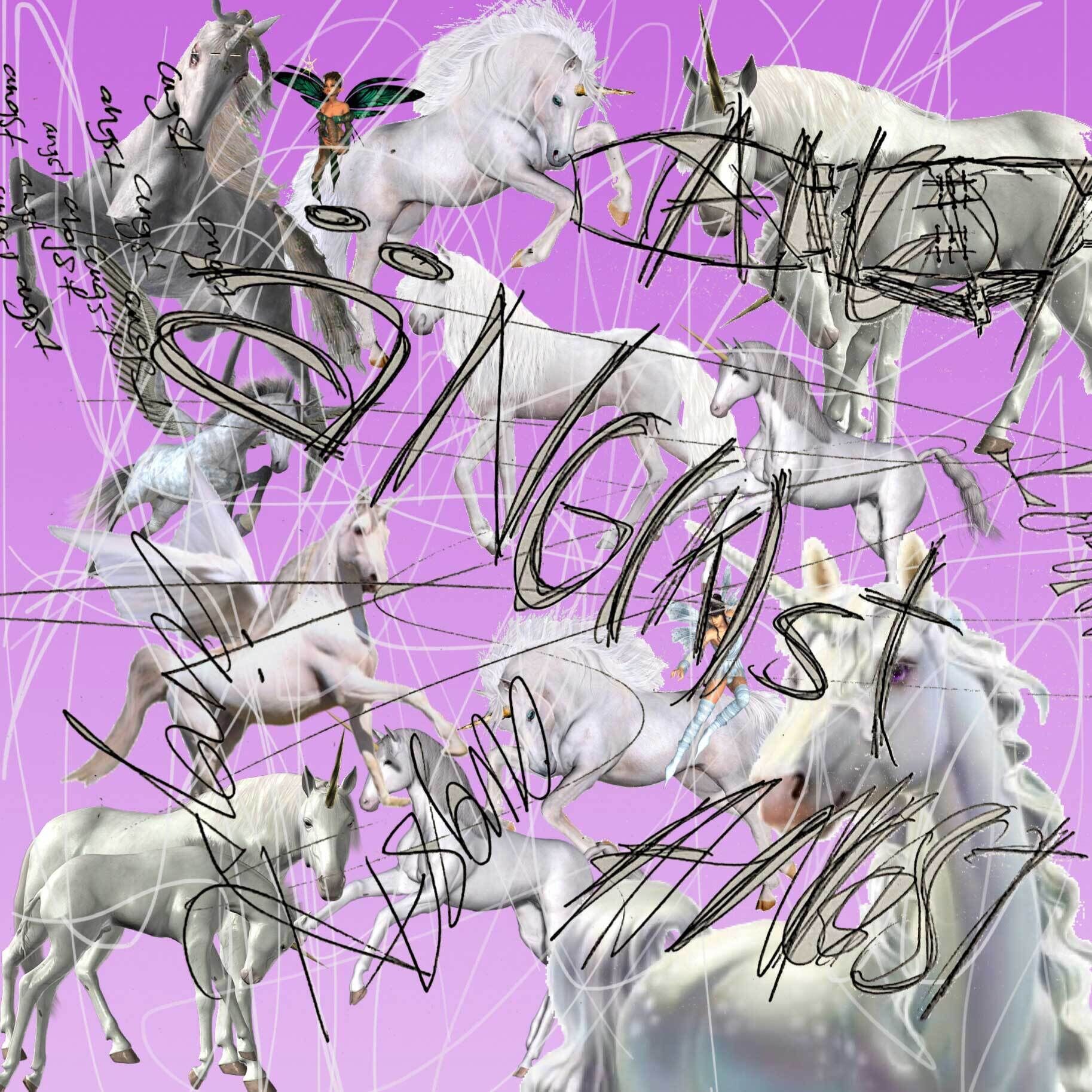 White unicorns on a vivid purple background with the word "angst" scrawled over them repeatedly in black.