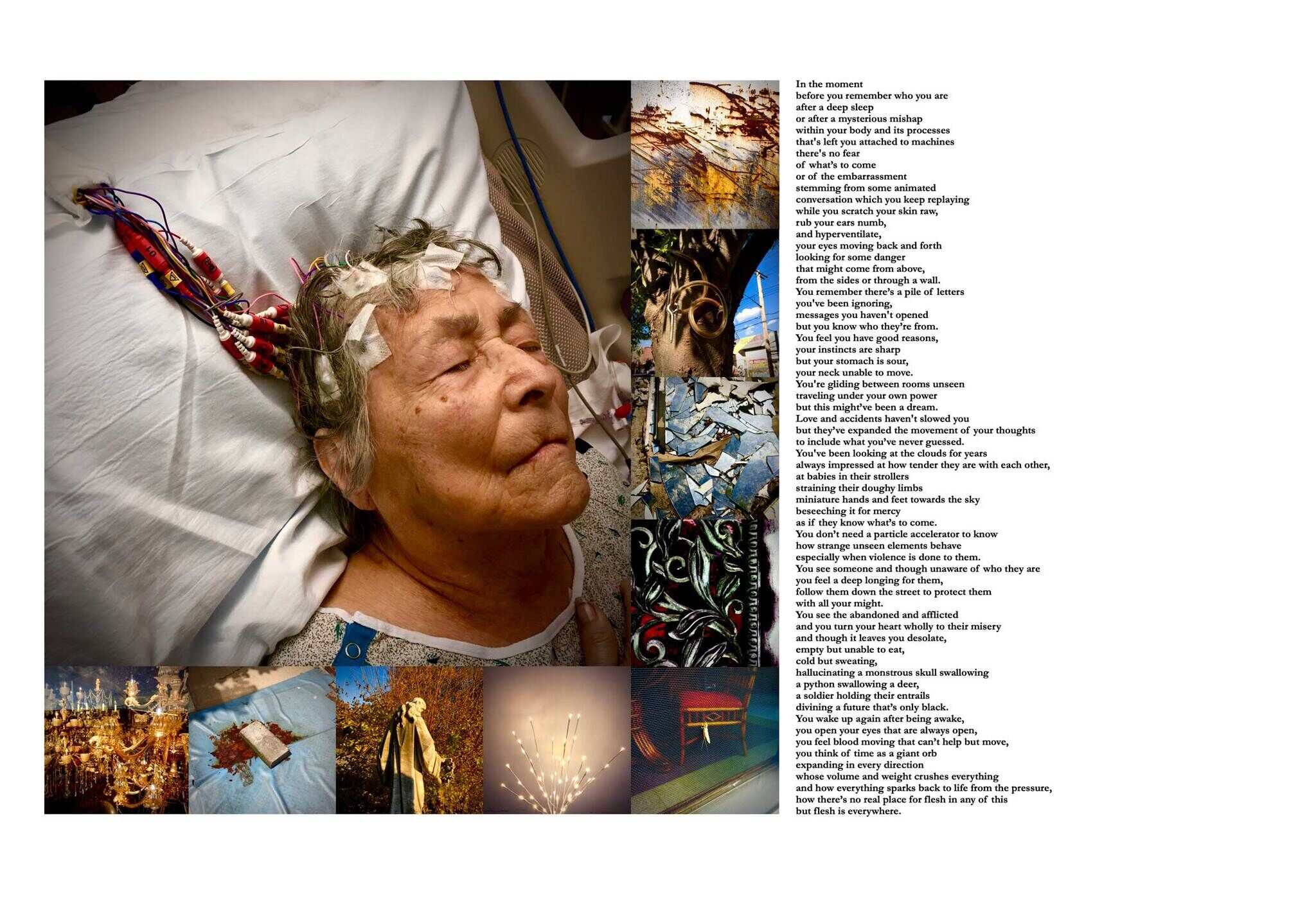 A photograph on a woman in a hospital bed with electrodes connected to her head surrounded by smaller abstract photographs. On the right of the photographs is a poem.