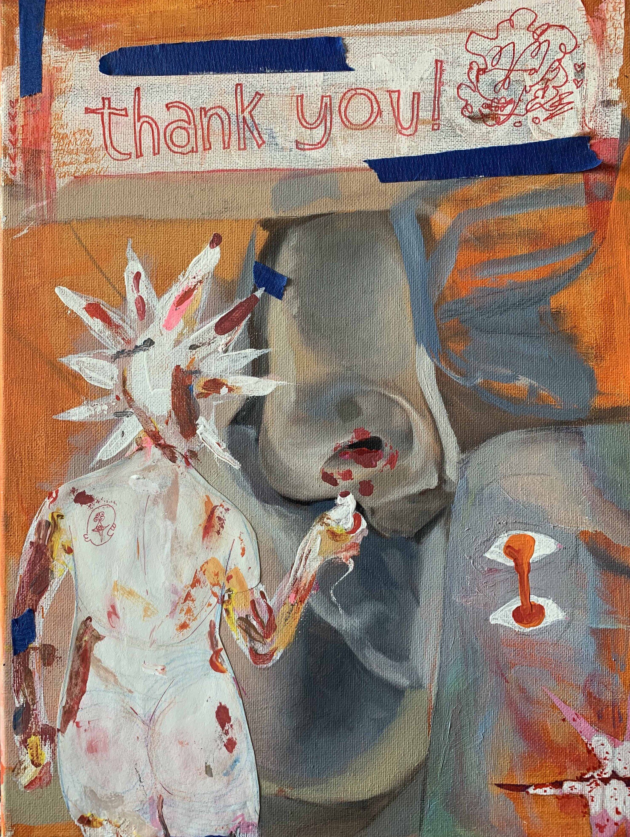 A painting of an orange abstract background with a white figure who vaguely resembles the Statue of Liberty with a taped sign on top that says "thank you!"