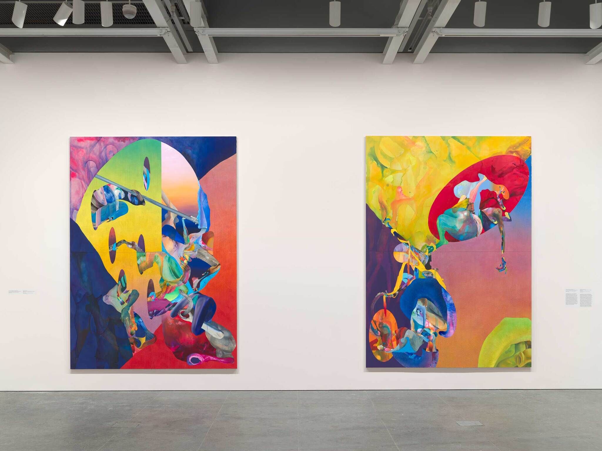 Two paintings placed side by side on a wall. Both are vivid, abstract, and bright with yellows, pinks, blues, greens, and reds.